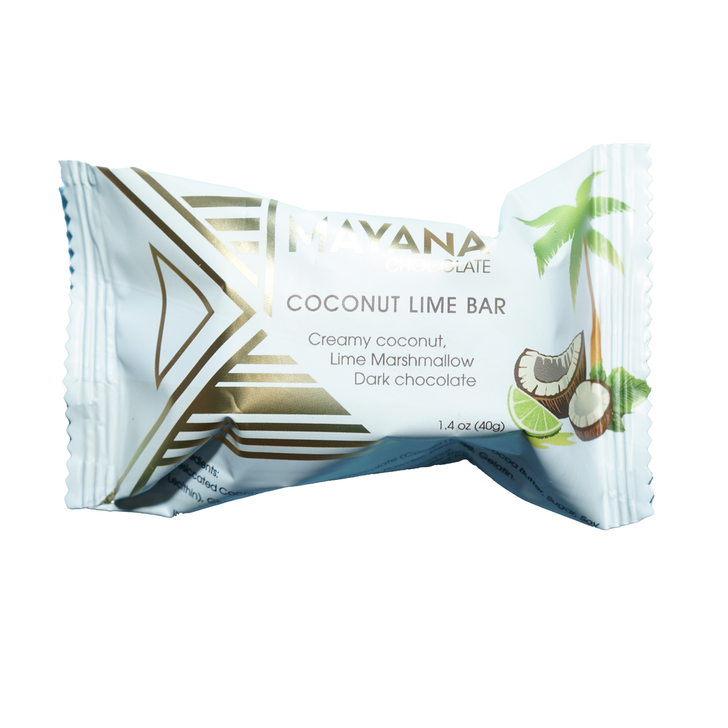 Mayana chocolate mini coconut lime bar in white gold wrap with palm tree design