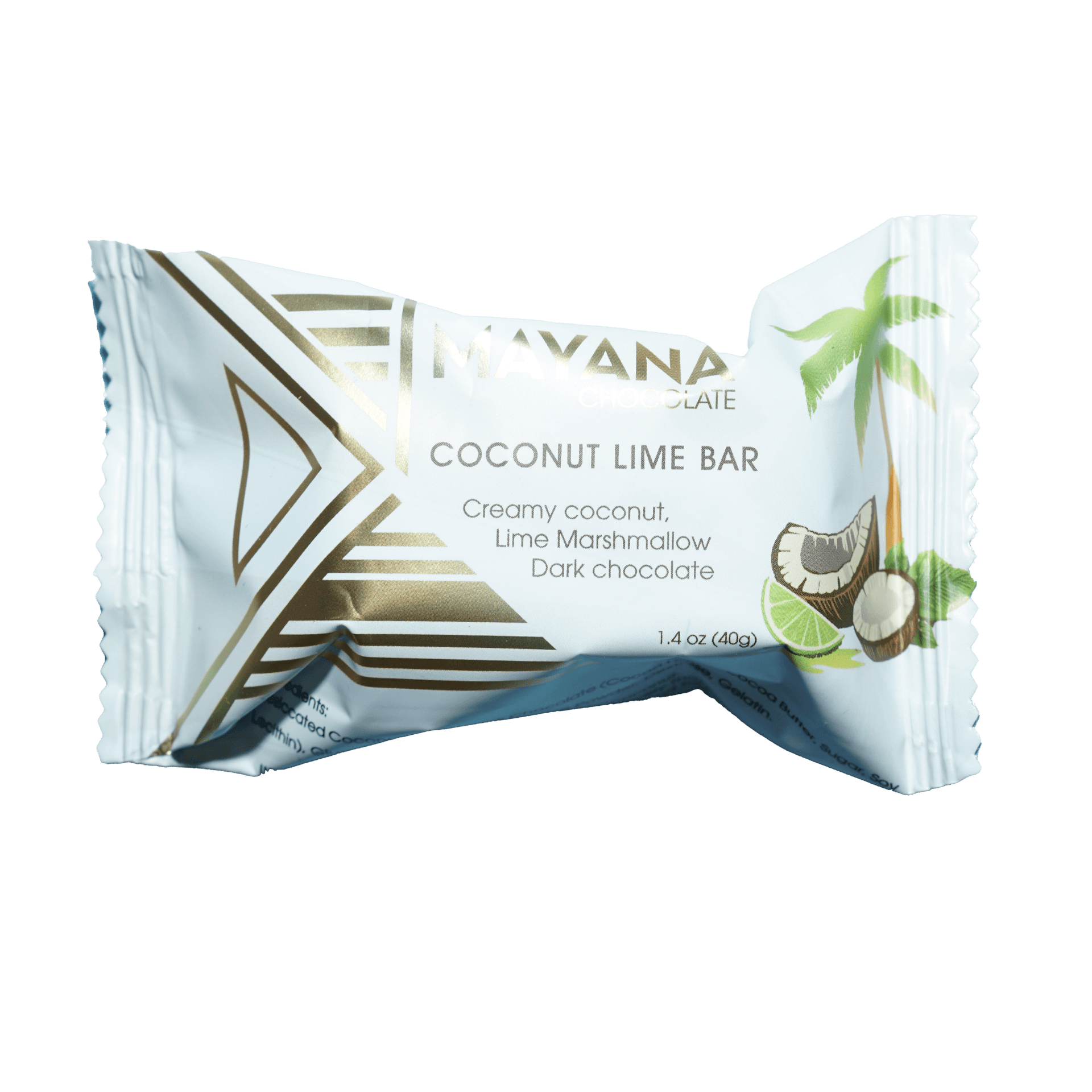 Mayana chocolate mini coconut lime bar in white gold wrap with palm tree design
