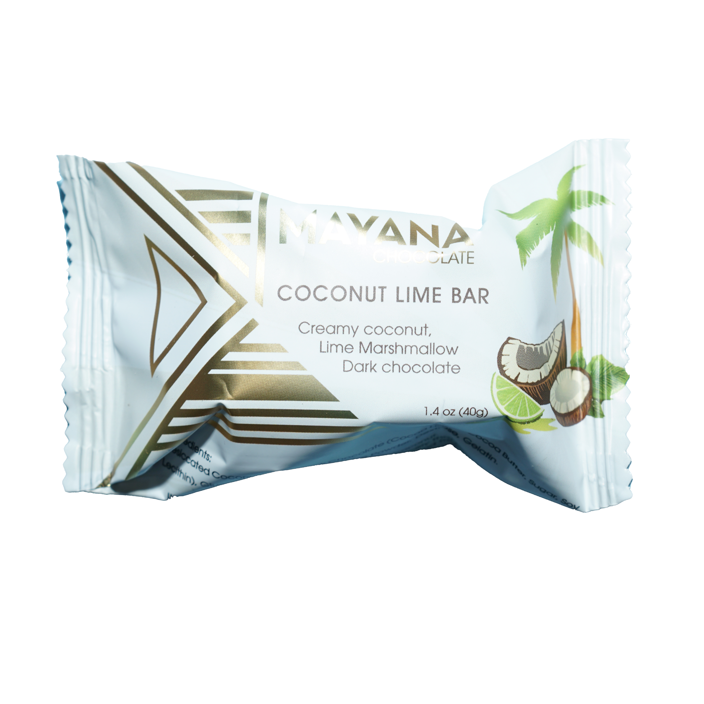 Mayana chocolate mini coconut lime bar in white gold wrap with palm tree design