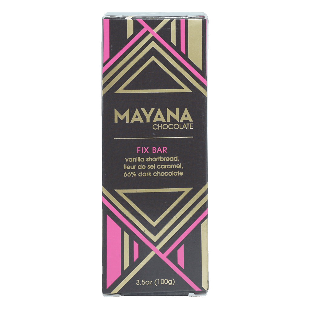 Mayana Chocolate Fix Bar in sleek black pink gold geometric wrapper