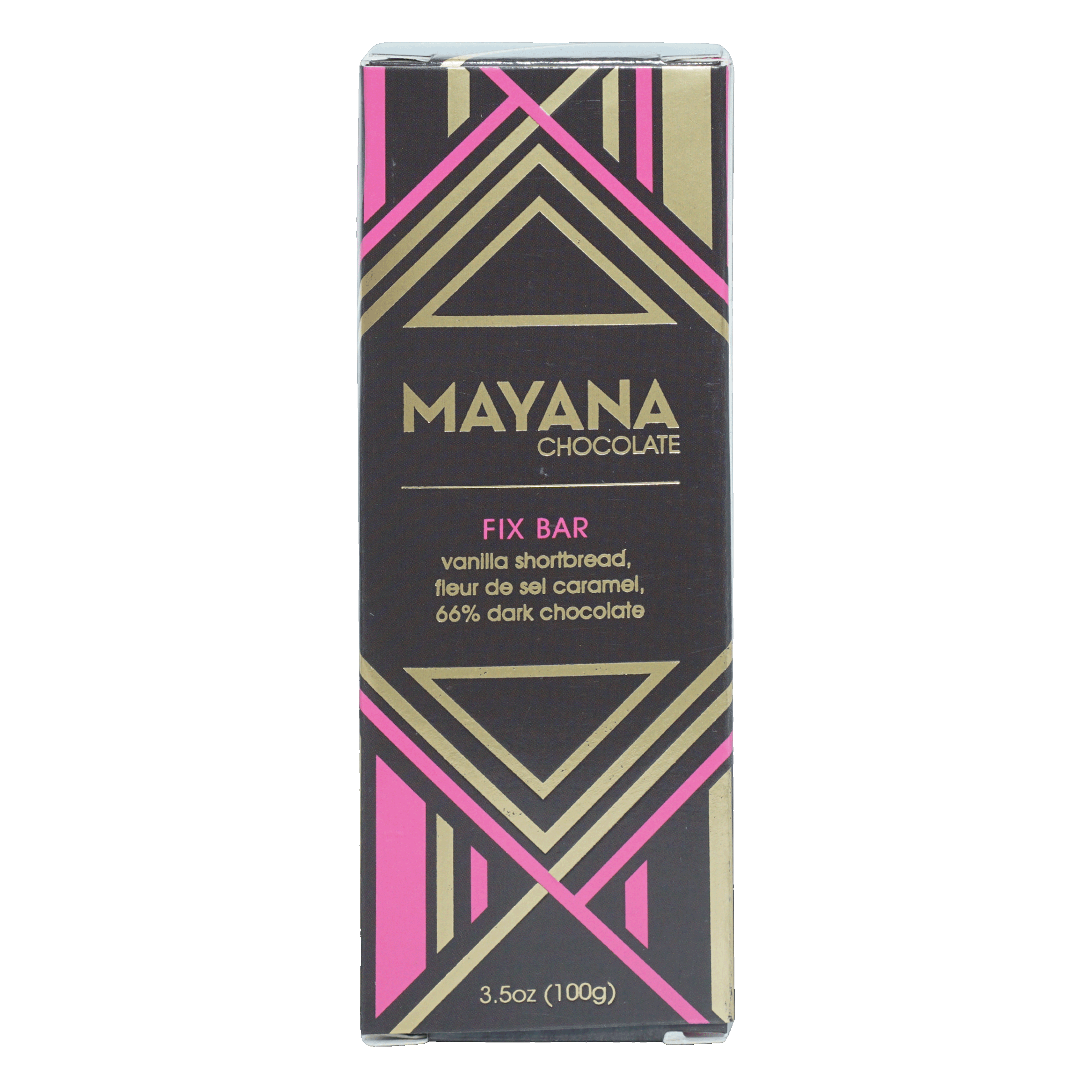 Mayana Chocolate Fix Bar in sleek black pink gold geometric wrapper