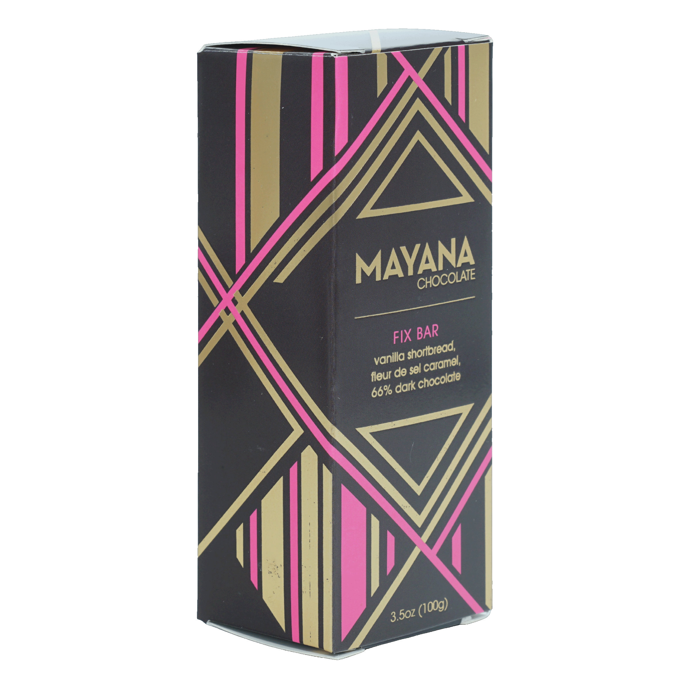 Mayana Chocolate Fix Bar in sleek black box with pink gold patterns