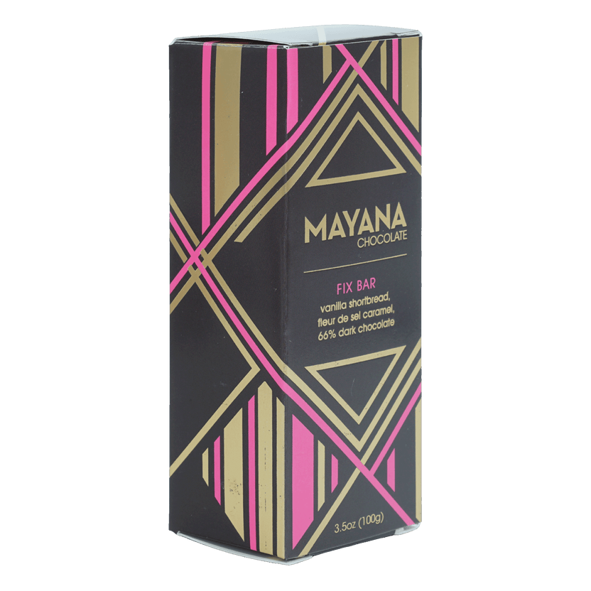 Mayana Chocolate Fix Bar in sleek black box with pink gold patterns