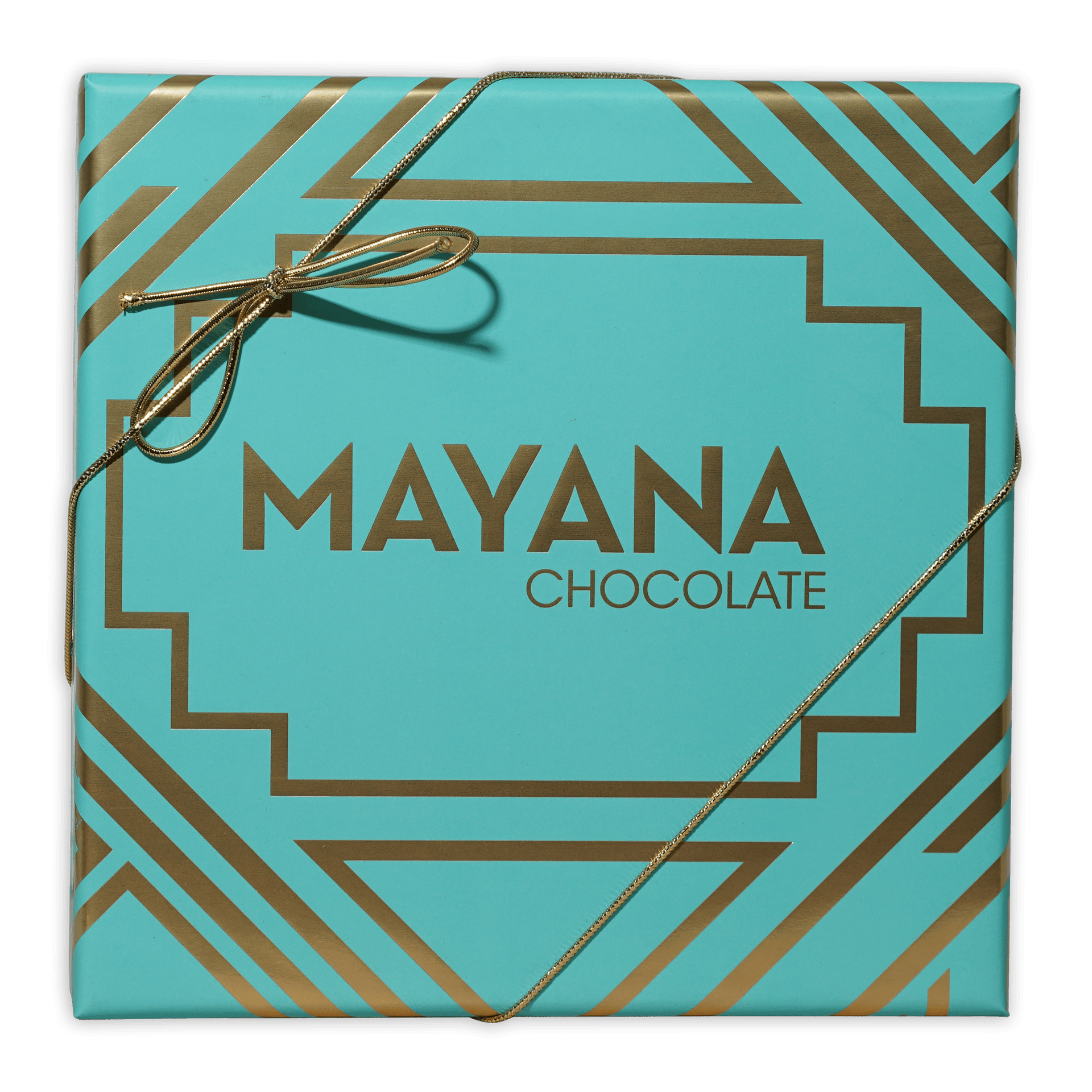 Mayana Chocolate luxury caramels gift box in turquoise gold geometric pattern with ribbon