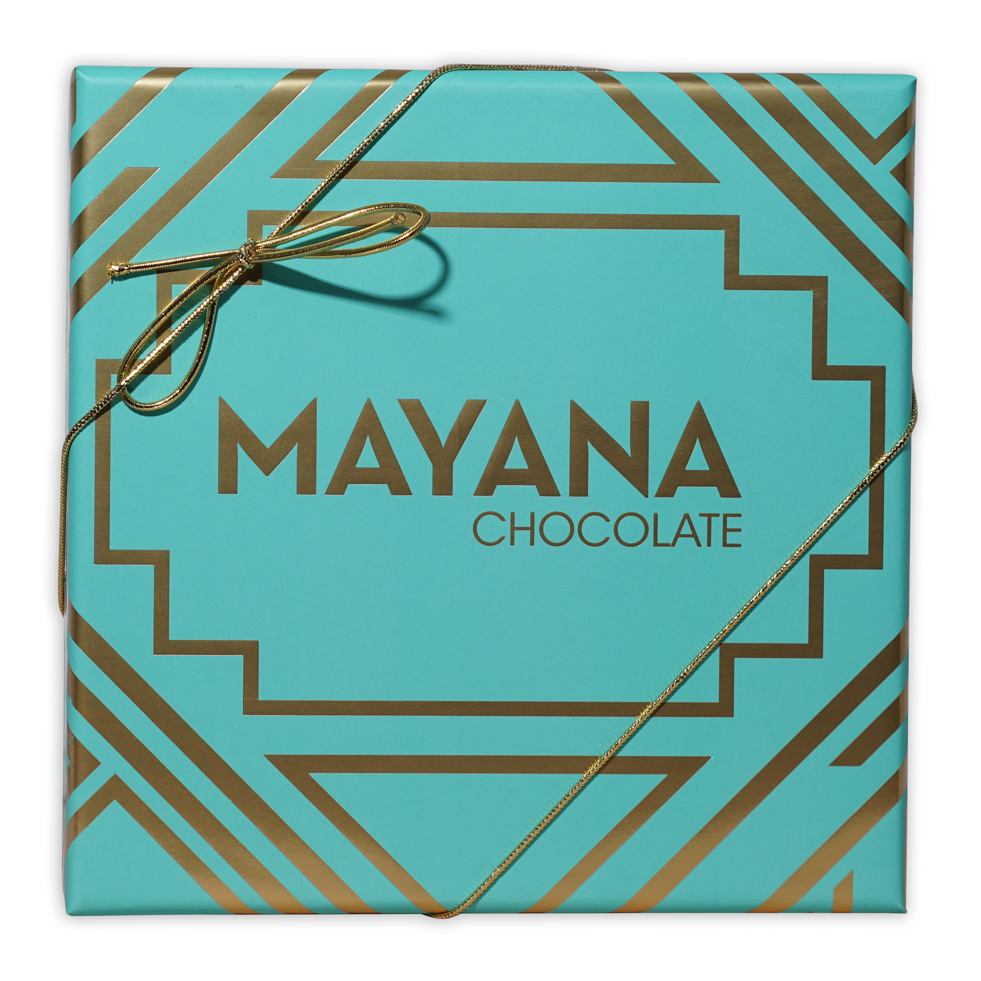 Mayana Chocolate luxury caramels gift box in turquoise gold geometric pattern with ribbon