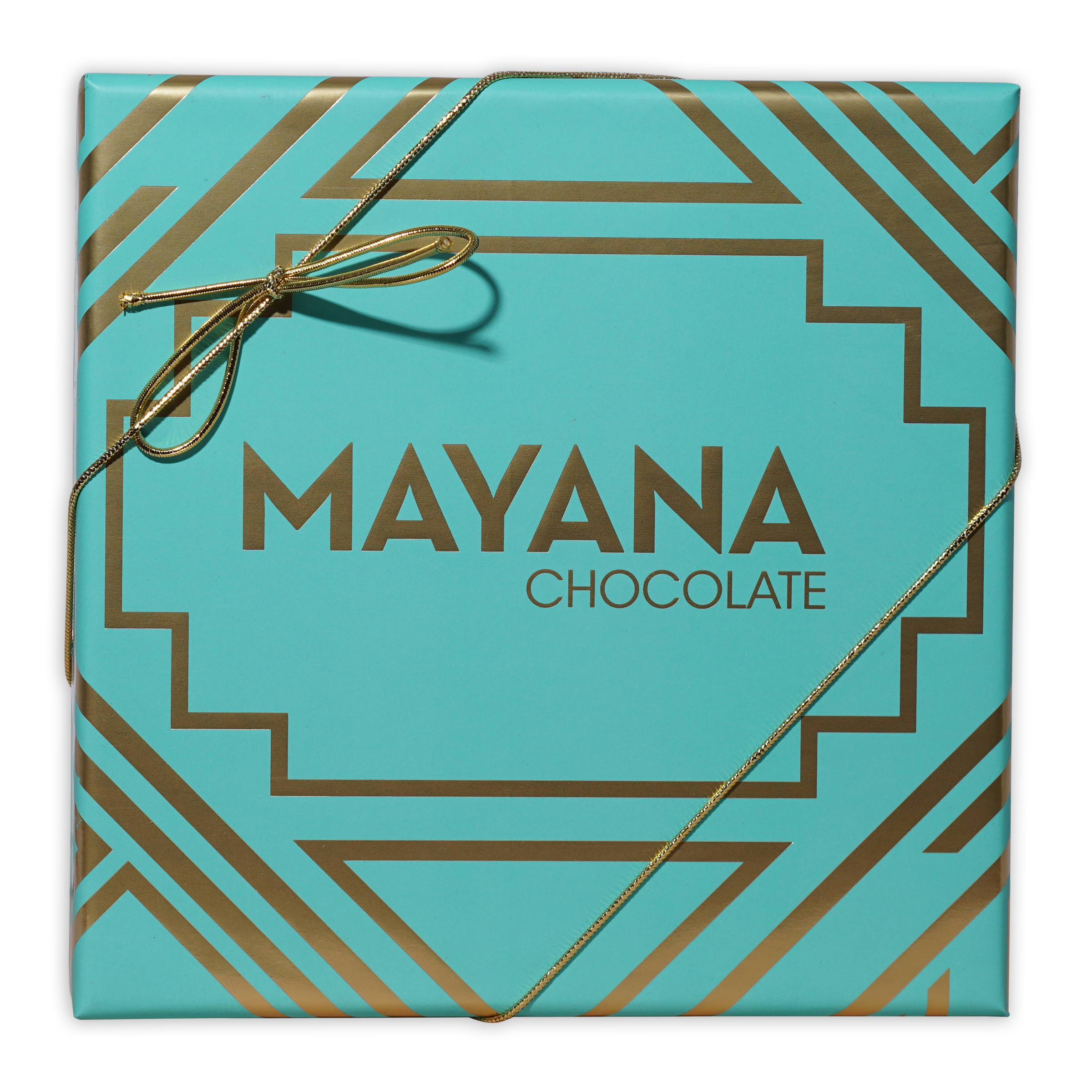 Mayana Chocolate luxury caramels gift box in turquoise gold geometric pattern with ribbon