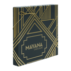 Mayana luxury caramels gift box with navy gold art deco design