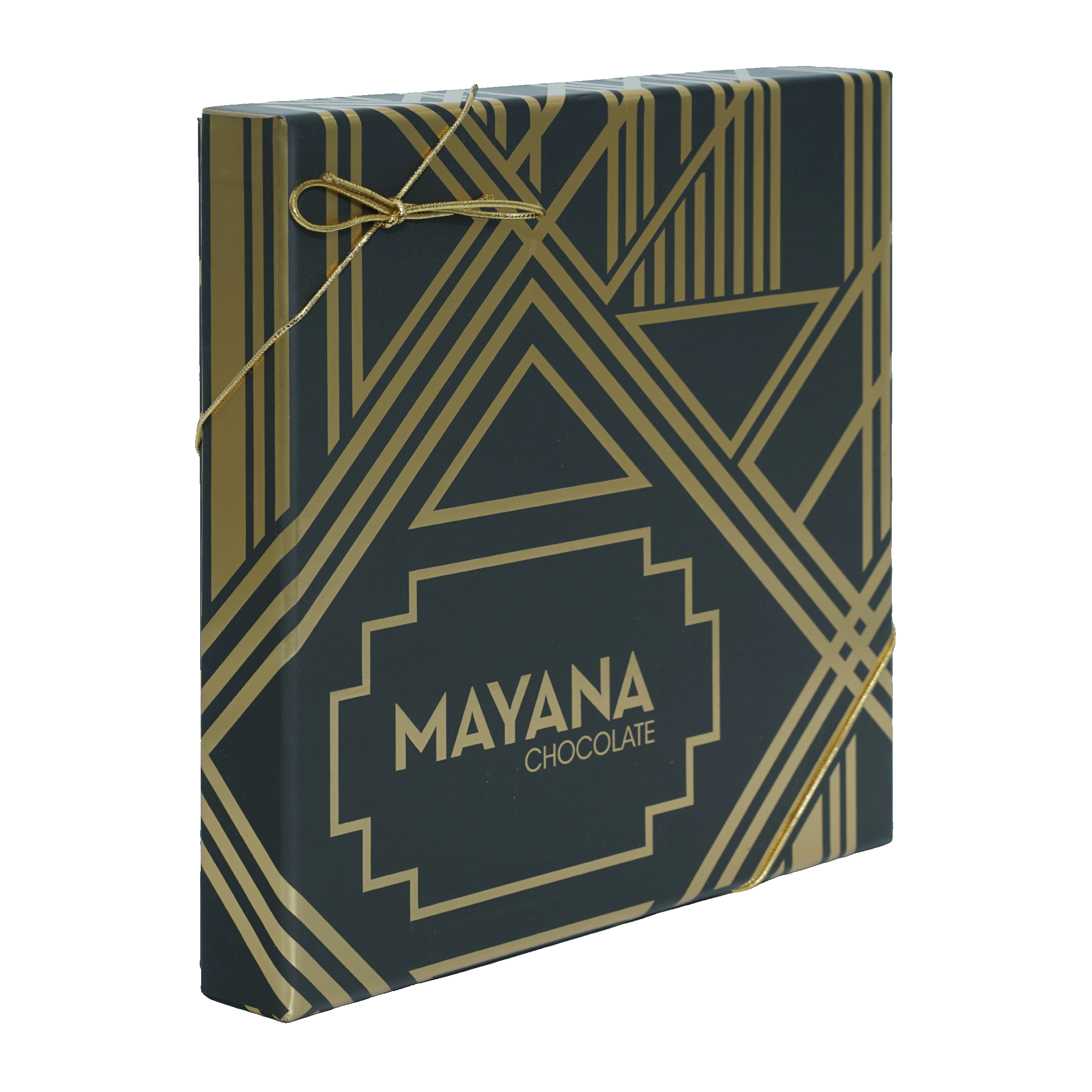 Mayana luxury caramels gift box with navy gold art deco design
