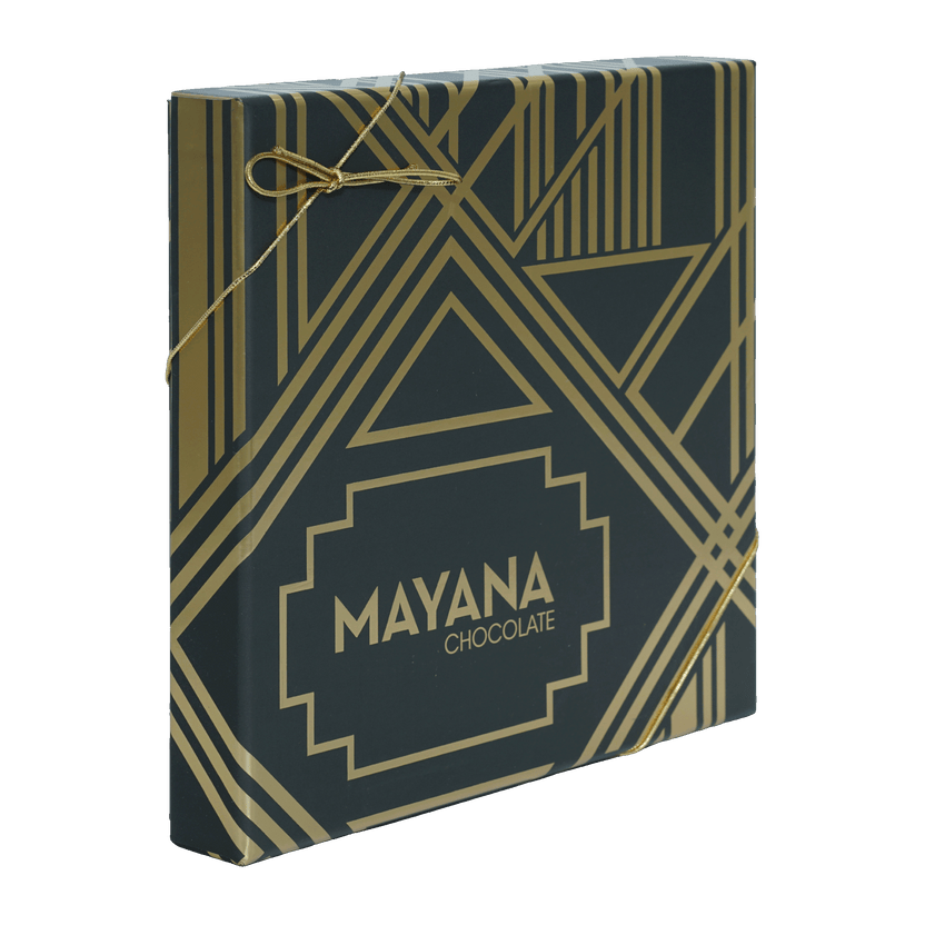 Mayana luxury caramels gift box with navy gold art deco design