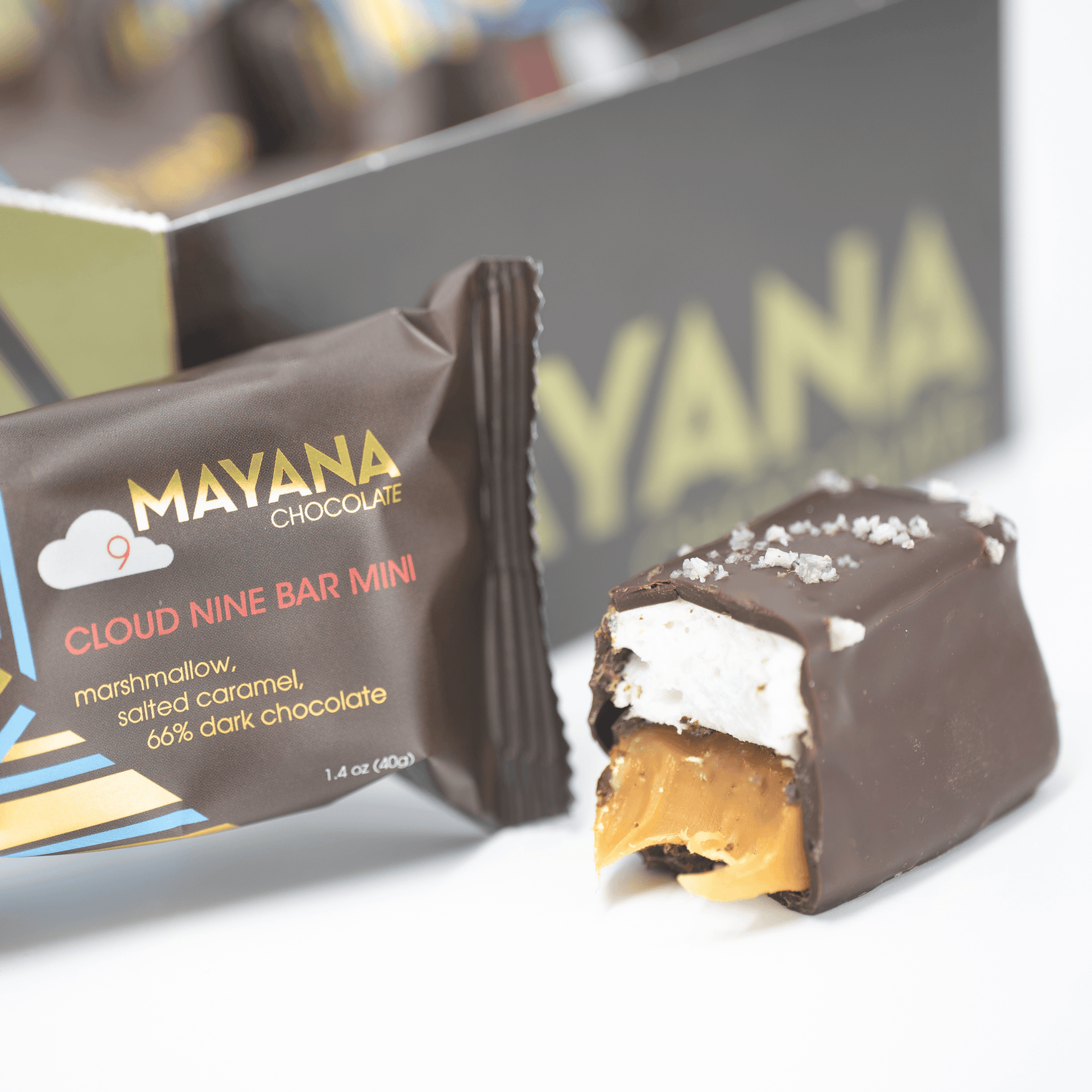Partially eaten Mayana Chocolate Mini Cloud 9 Bar with salted caramel marshmallow