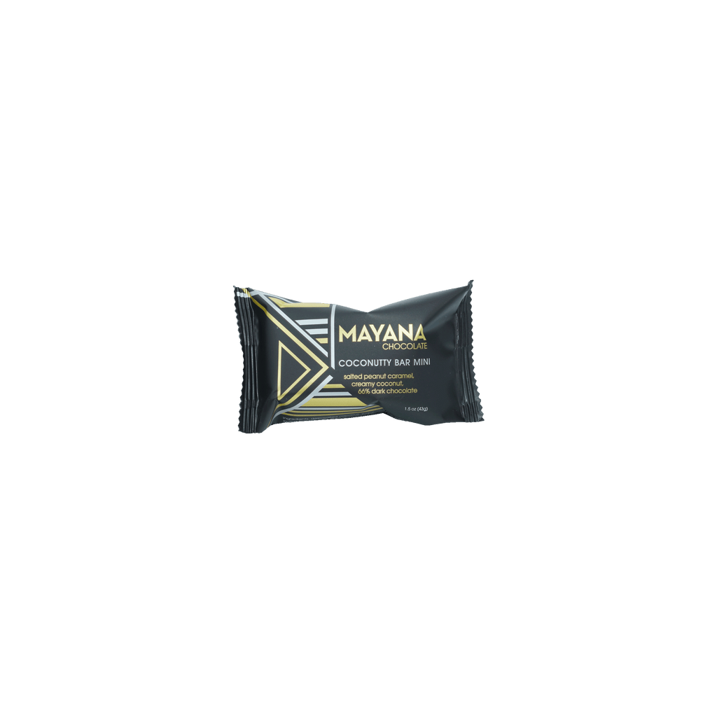 Mayana Chocolate Mini Coconutty Bar in black foil with gold accents