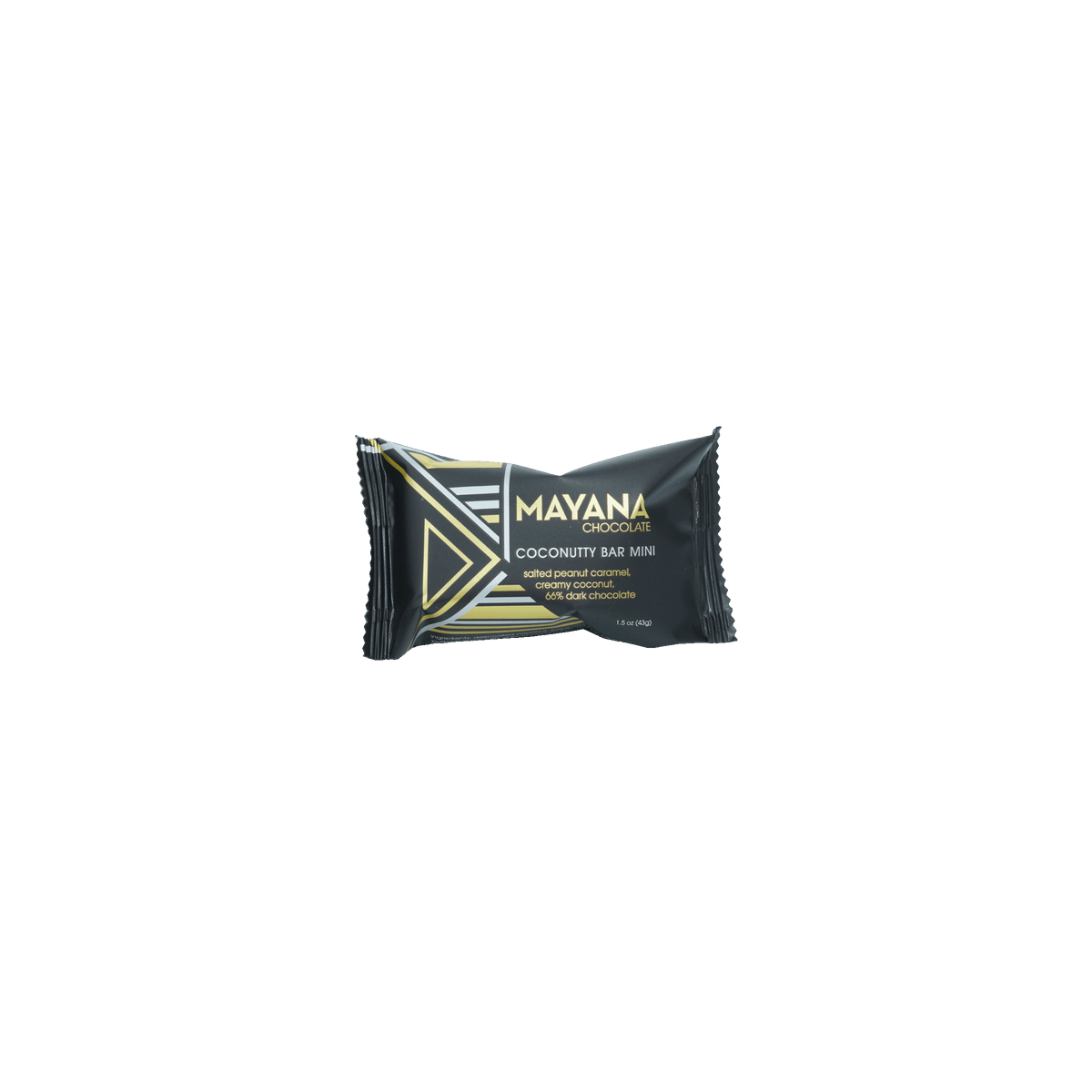 Mayana Chocolate Mini Coconutty Bar in black foil with gold accents