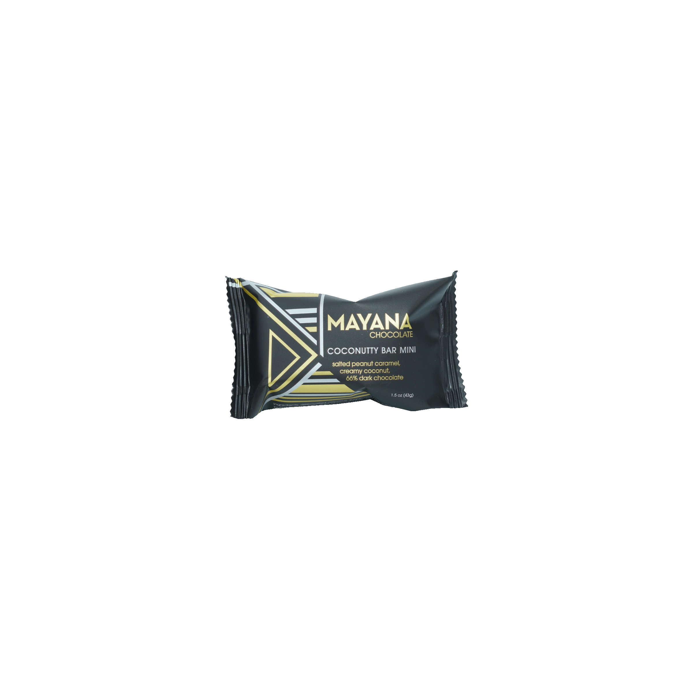Mayana Chocolate Mini Coconutty Bar in black foil with gold accents