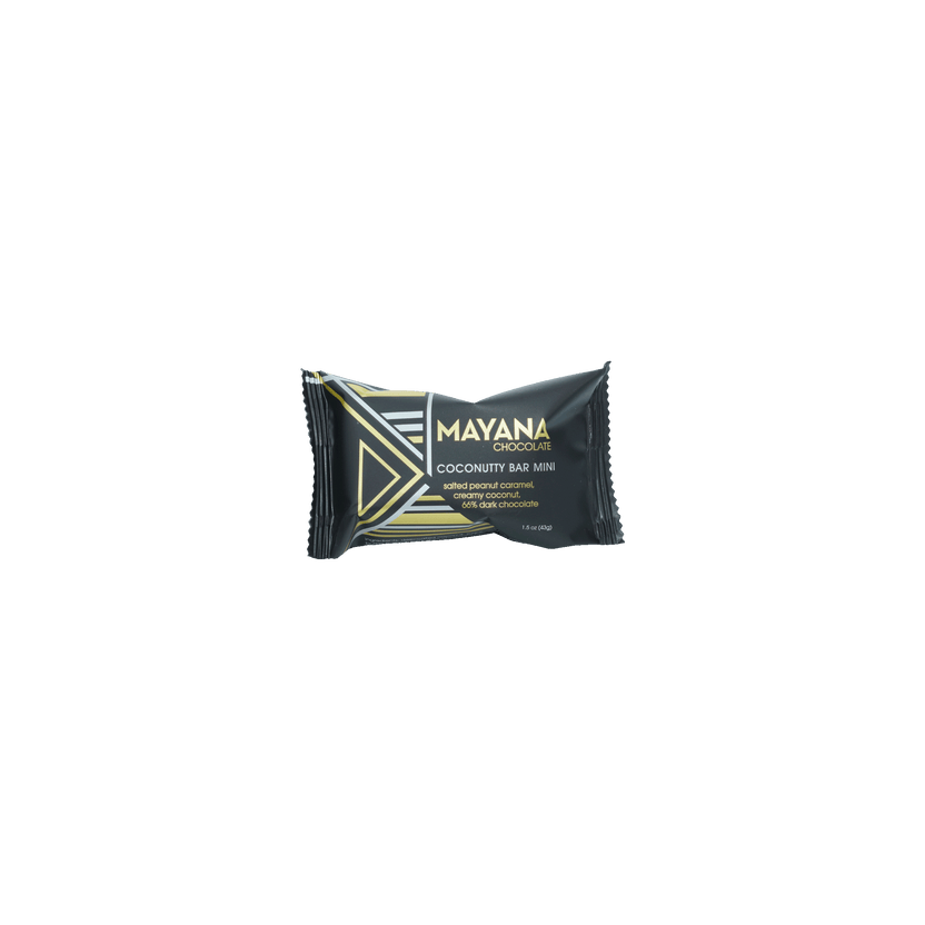 Mayana Chocolate Mini Coconutty Bar in black foil with gold accents