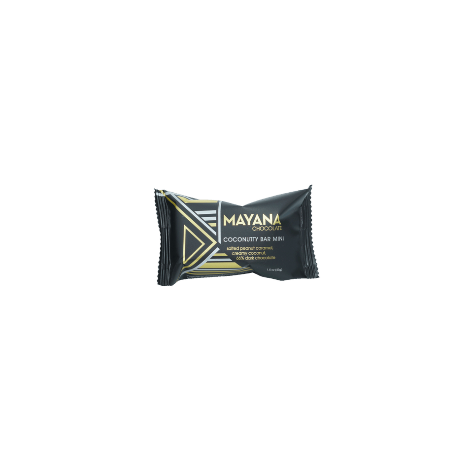 Mayana Chocolate Mini Coconutty Bar in black foil with gold accents