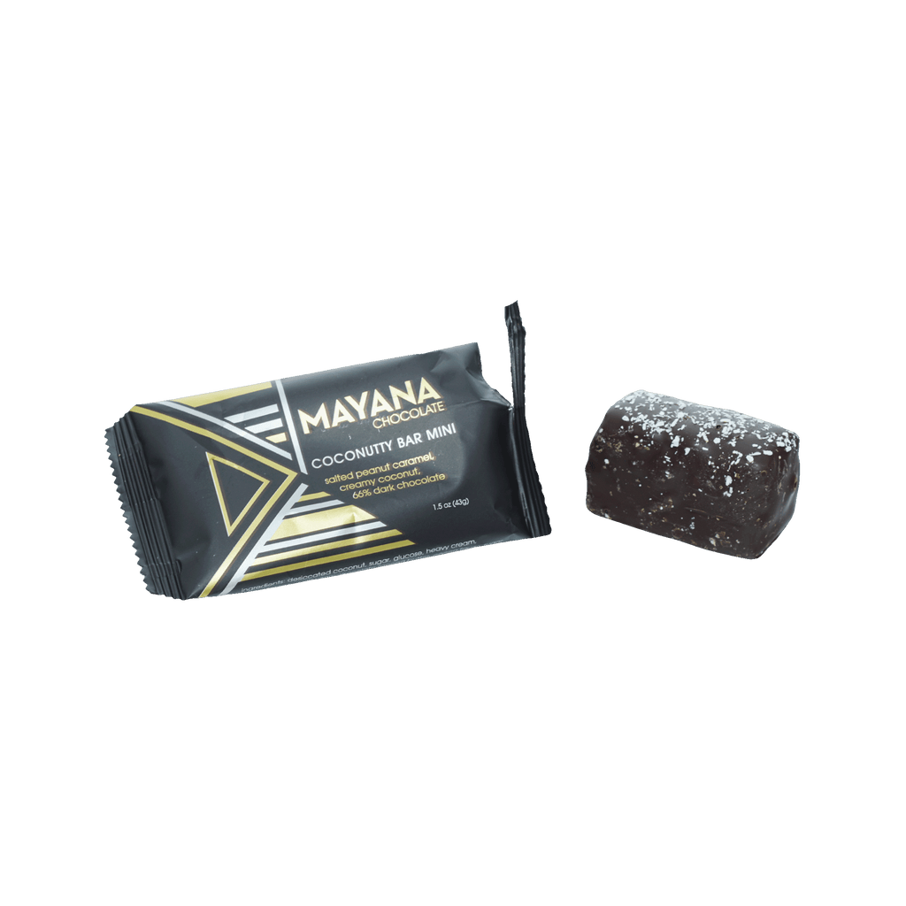 Mayana Chocolate Mini Coconutty Bar in black gold foil