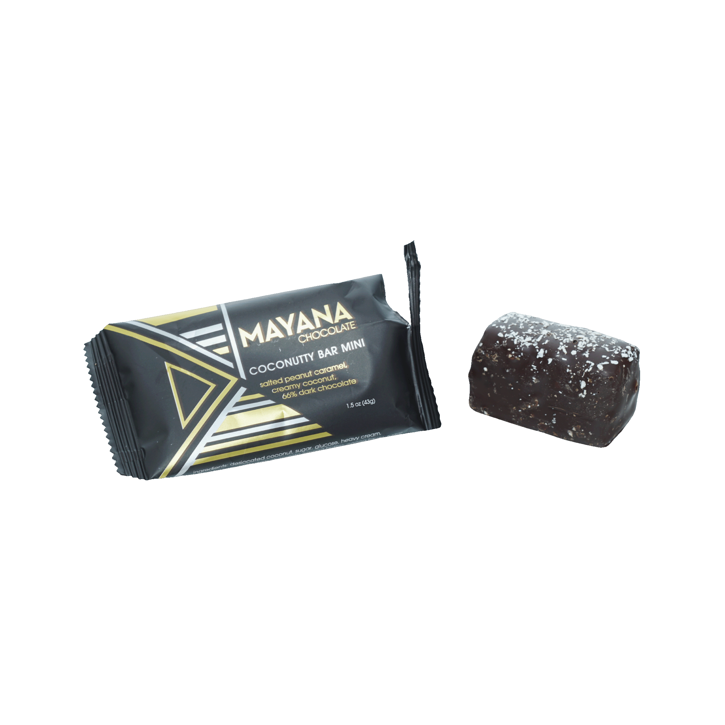 Mayana Chocolate Mini Coconutty Bar in black gold foil