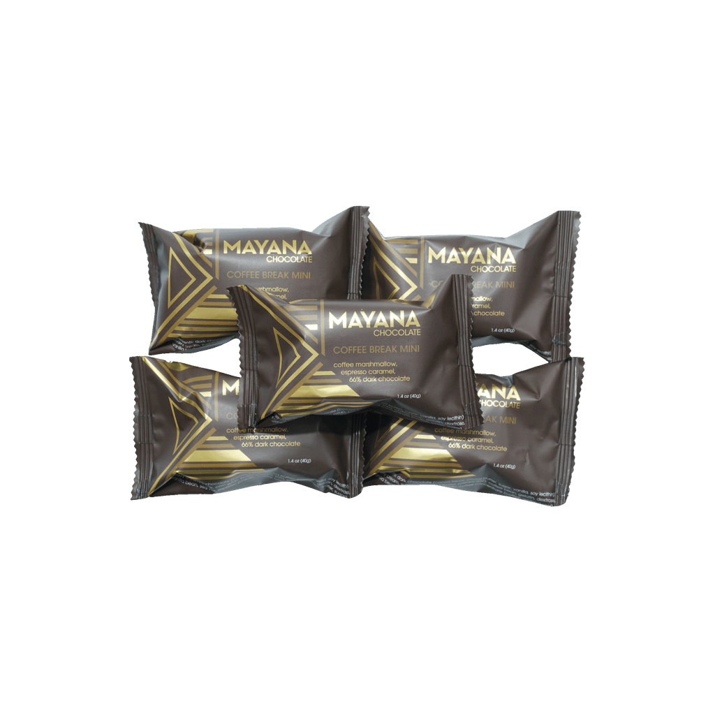 Mayana Chocolate Mini Coffee Break Bar in dark brown gold foil packaging