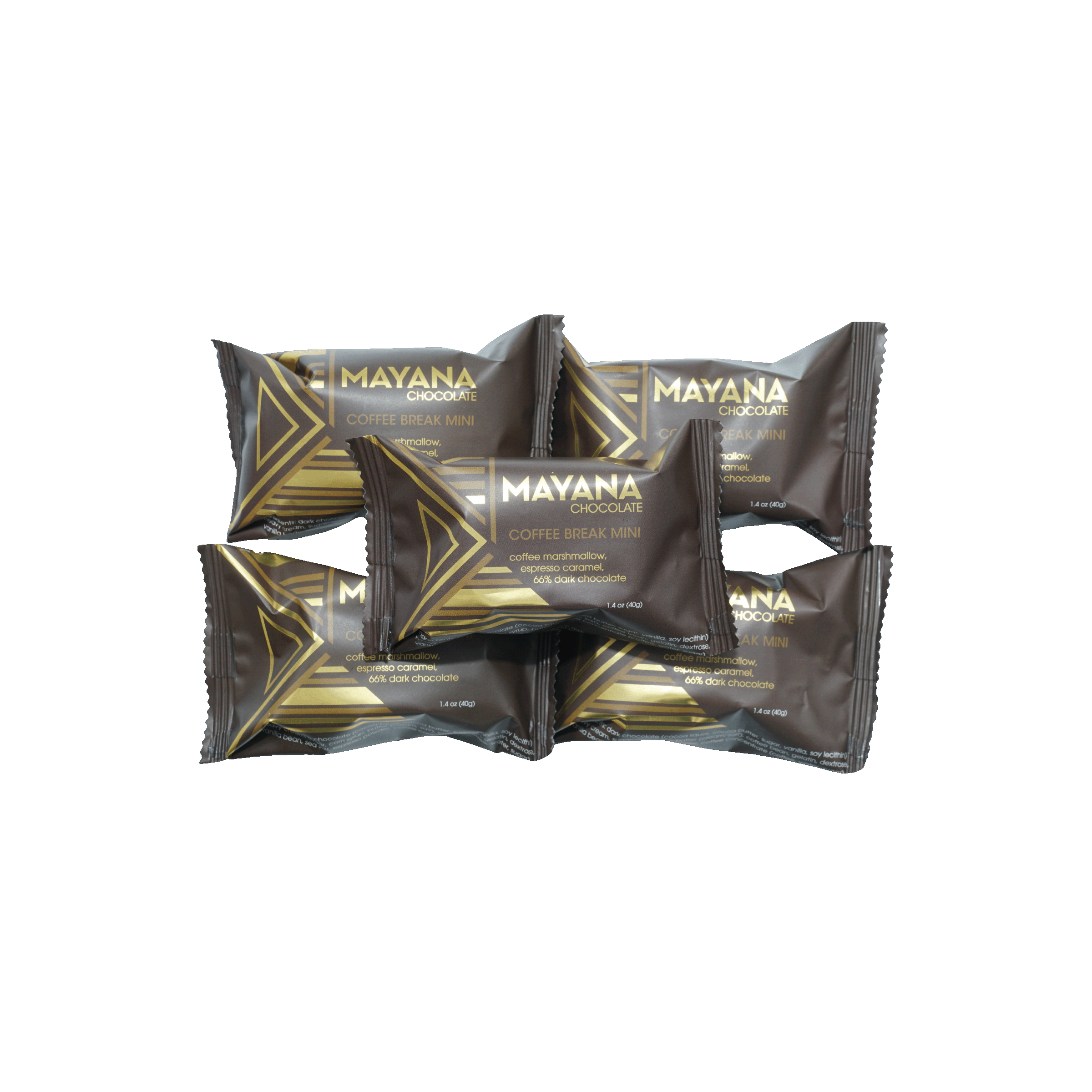 Mayana Chocolate Mini Coffee Break Bar in dark brown gold foil packaging