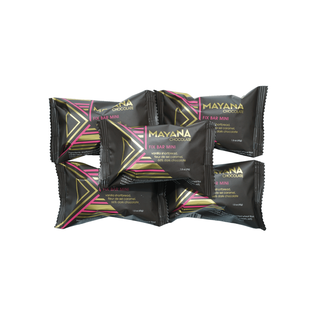 Black and pink foil-wrapped Mayana Chocolate Fix Bar mini energy bars