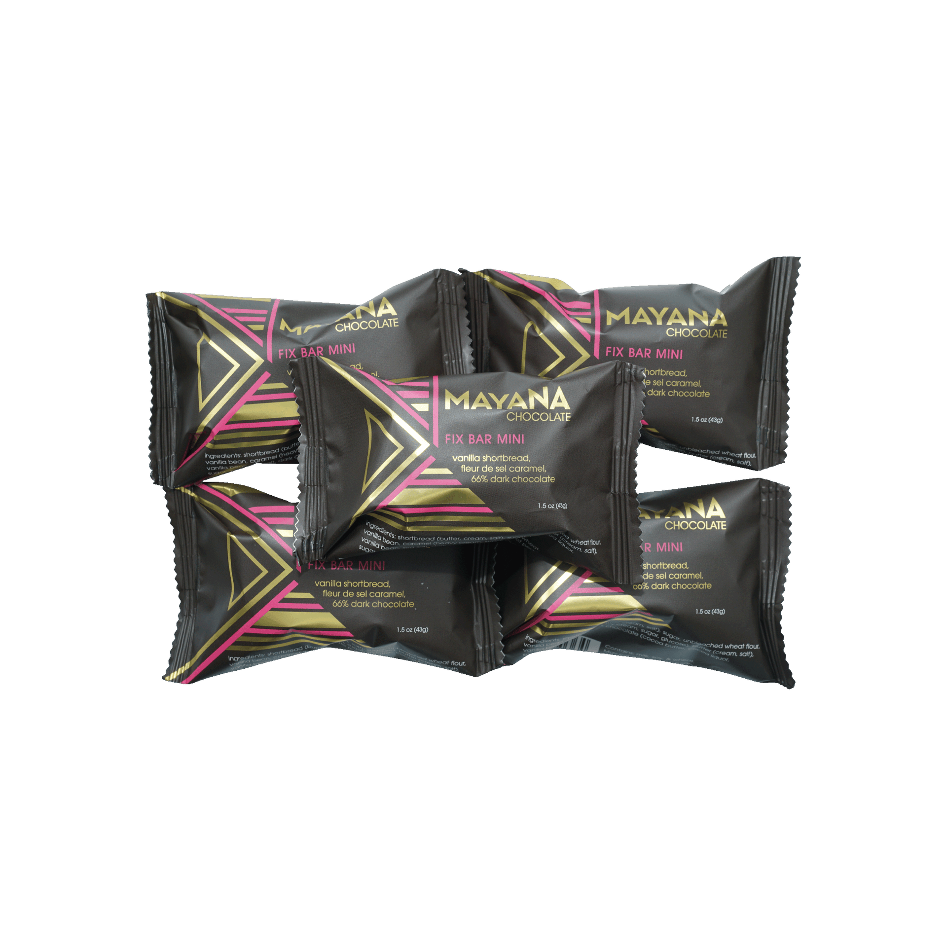 Black and pink foil-wrapped Mayana Chocolate Fix Bar mini energy bars