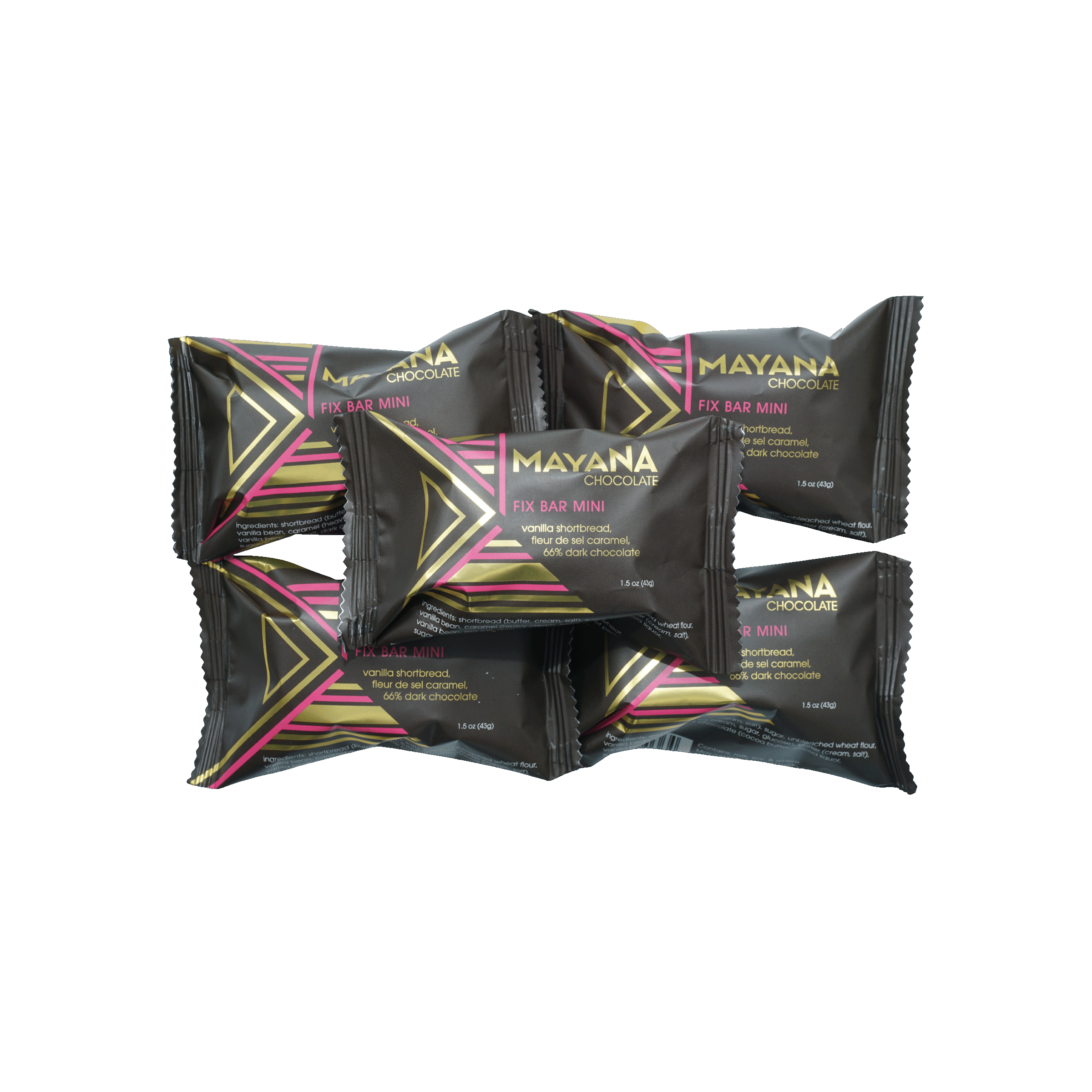 Black and pink foil-wrapped Mayana Chocolate Fix Bar mini energy bars