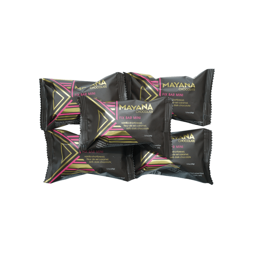 Black and pink foil-wrapped Mayana Chocolate Fix Bar mini energy bars