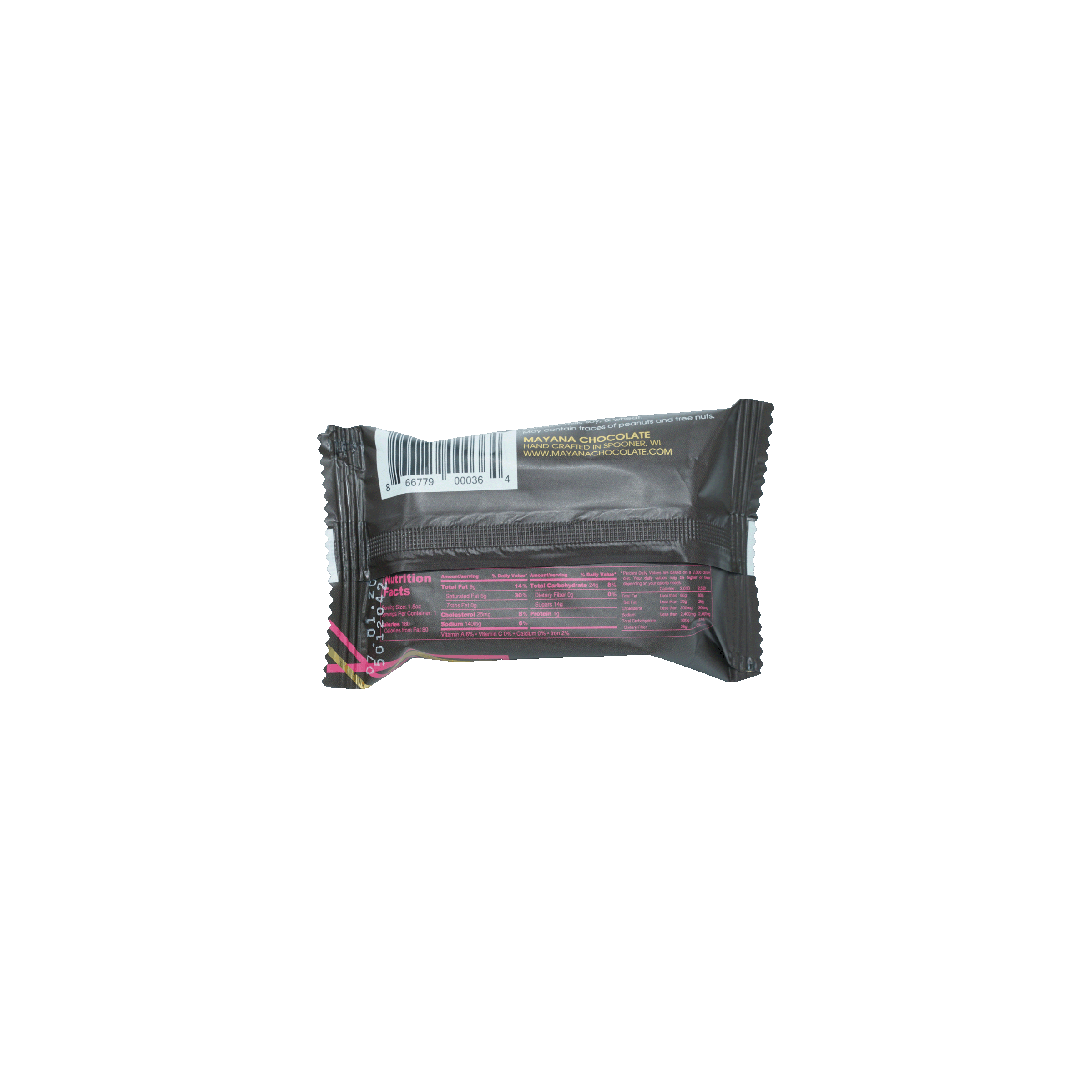 Mayana Chocolate Mini Fix Bar in black wrapper with pink and white text