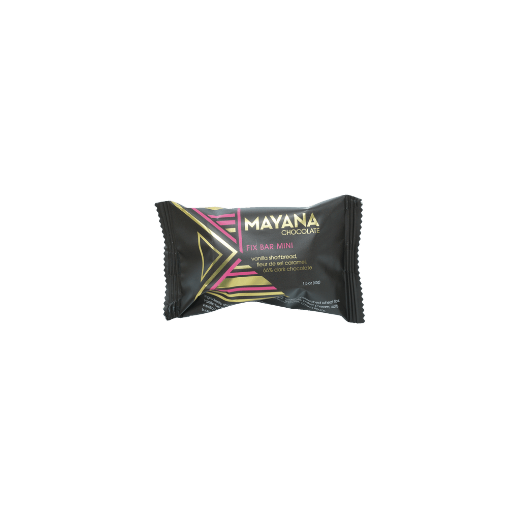 Mayana Chocolate Mini Fix Bar in sleek black wrapper with pink gold accents