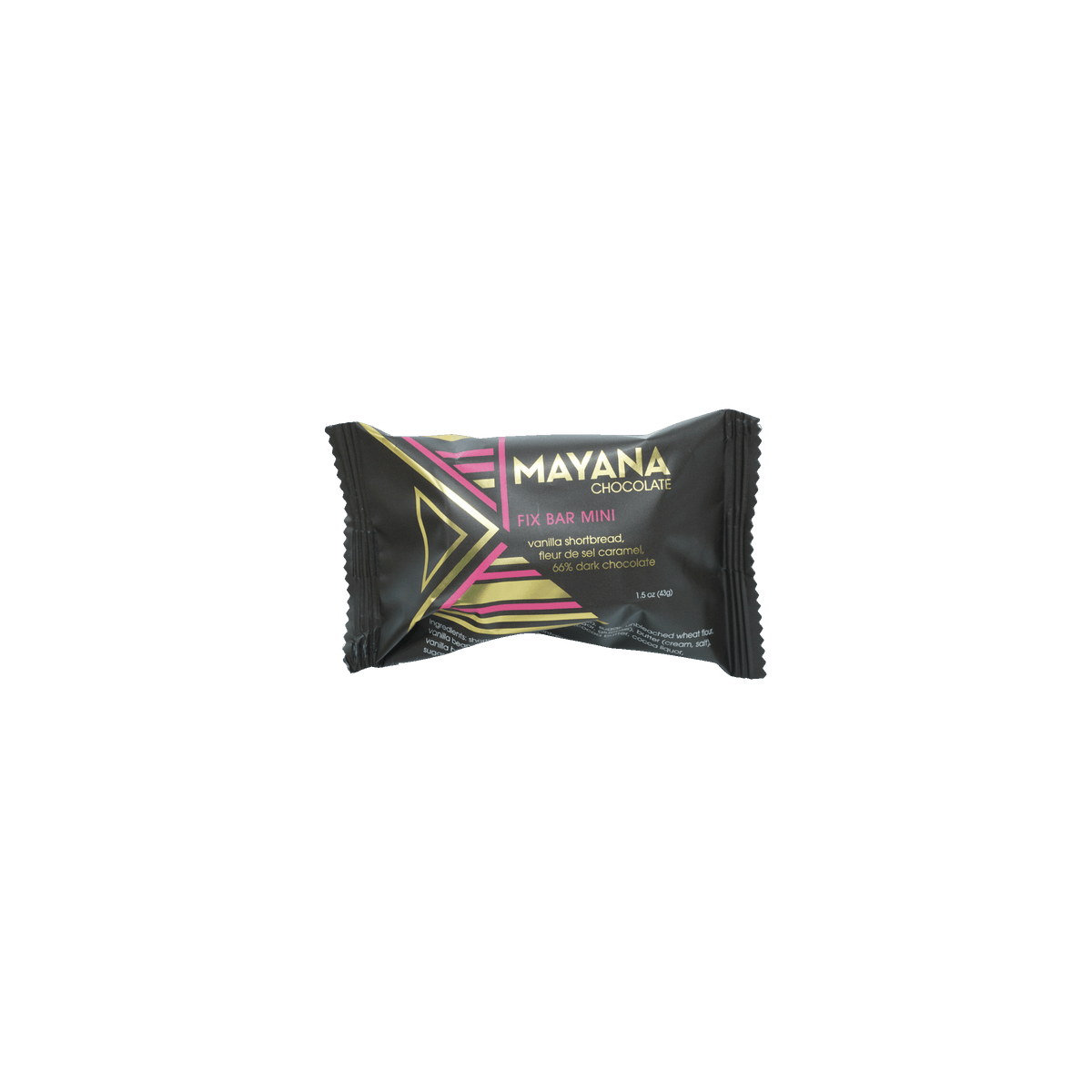 Mayana Chocolate Mini Fix Bar in sleek black wrapper with pink gold accents