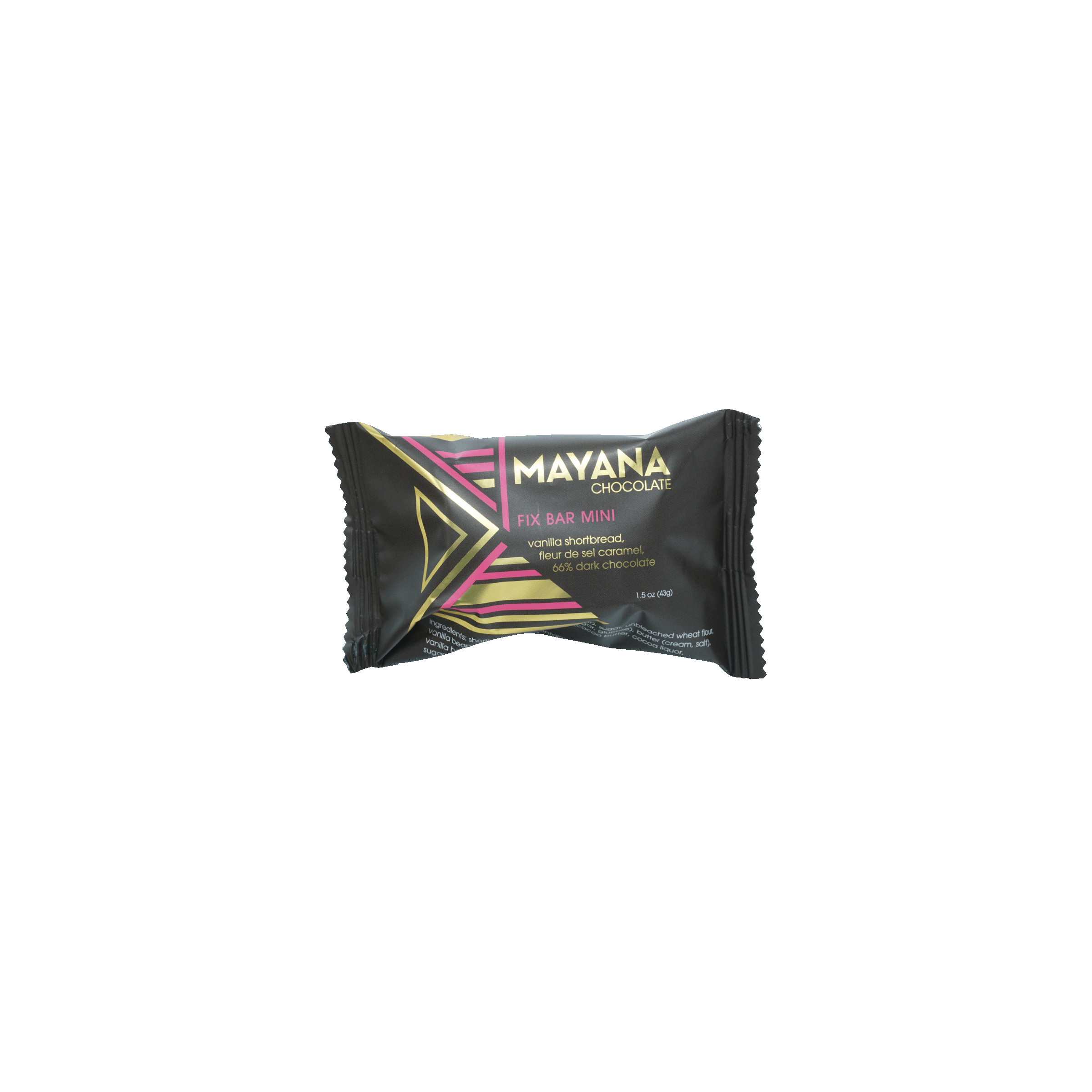 Mayana Chocolate Mini Fix Bar in sleek black wrapper with pink gold accents