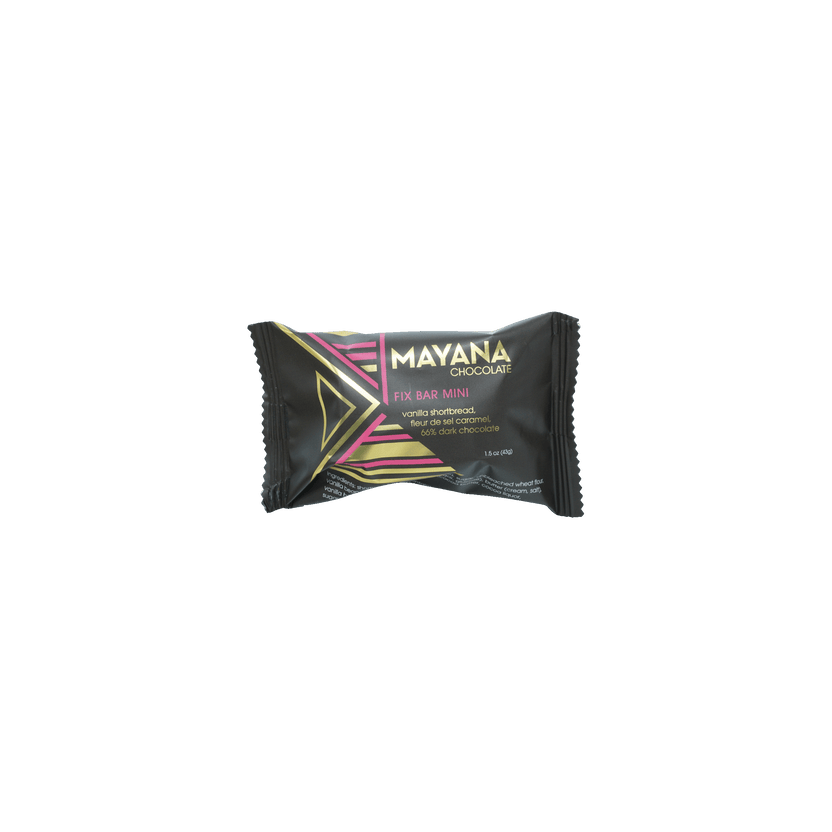 Mayana Chocolate Mini Fix Bar in sleek black wrapper with pink gold accents