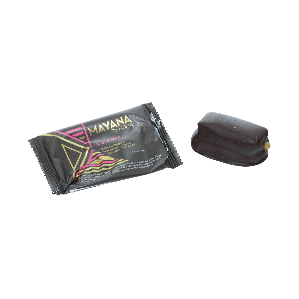 Mayana Chocolate Mini Fix Bar in sleek black pink gold wrapper