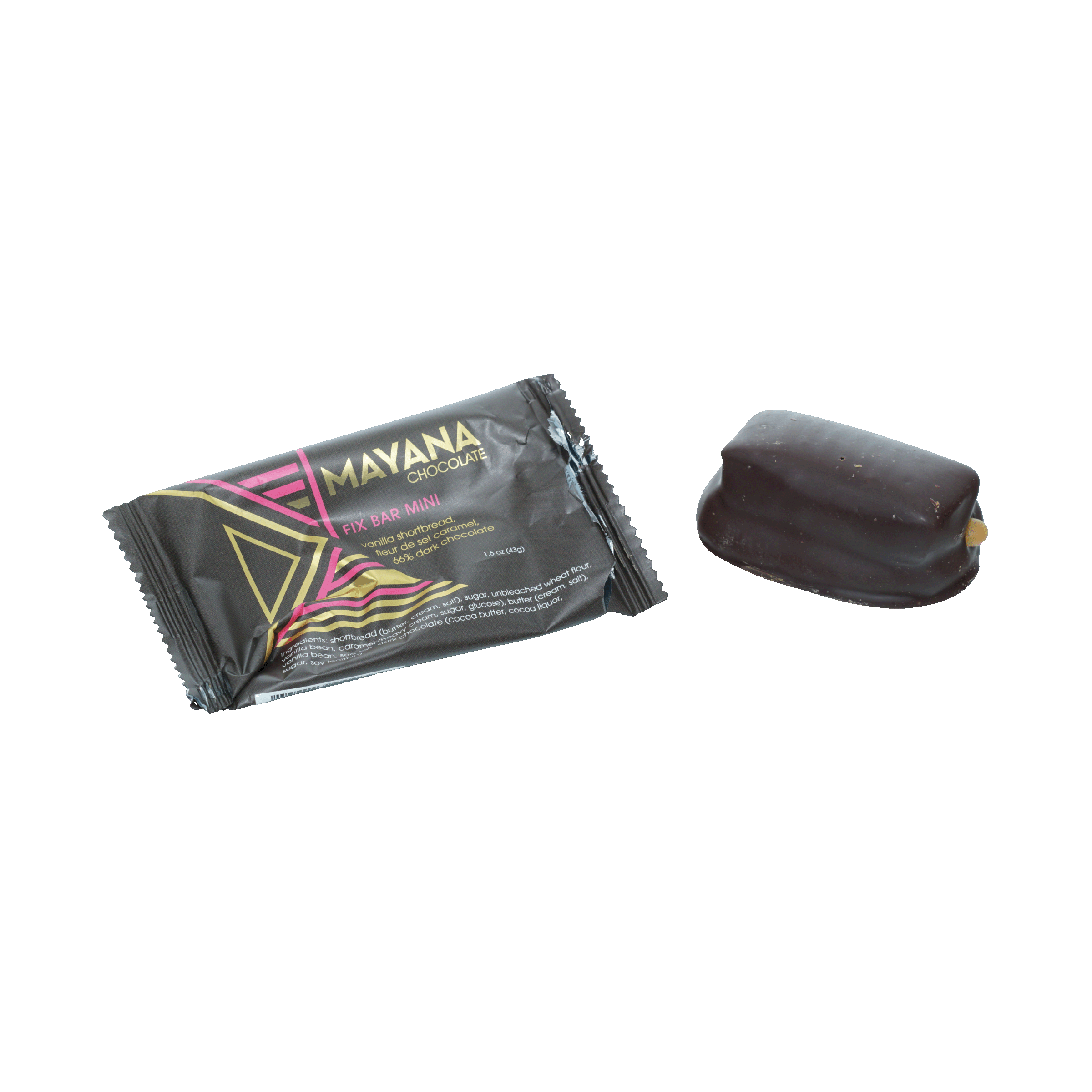 Mayana Chocolate Mini Fix Bar in sleek black pink gold wrapper