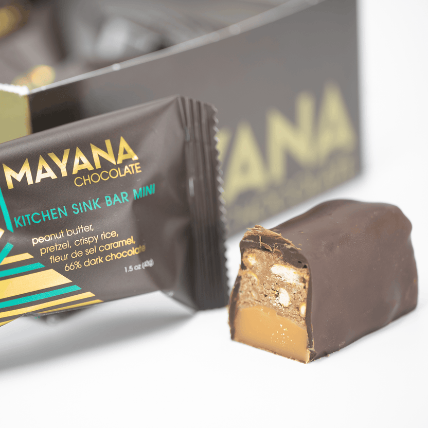 Mayana Chocolate Mini Kitchen Sink Bar with peanut butter, pretzel, rice layers