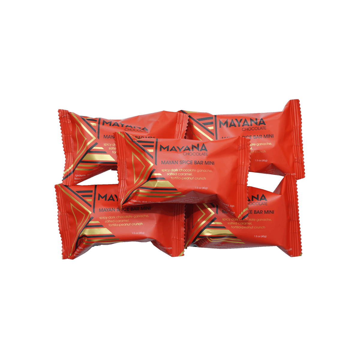 Bright red foil Mayana chocolate mini Mayan spice bars with gold accents