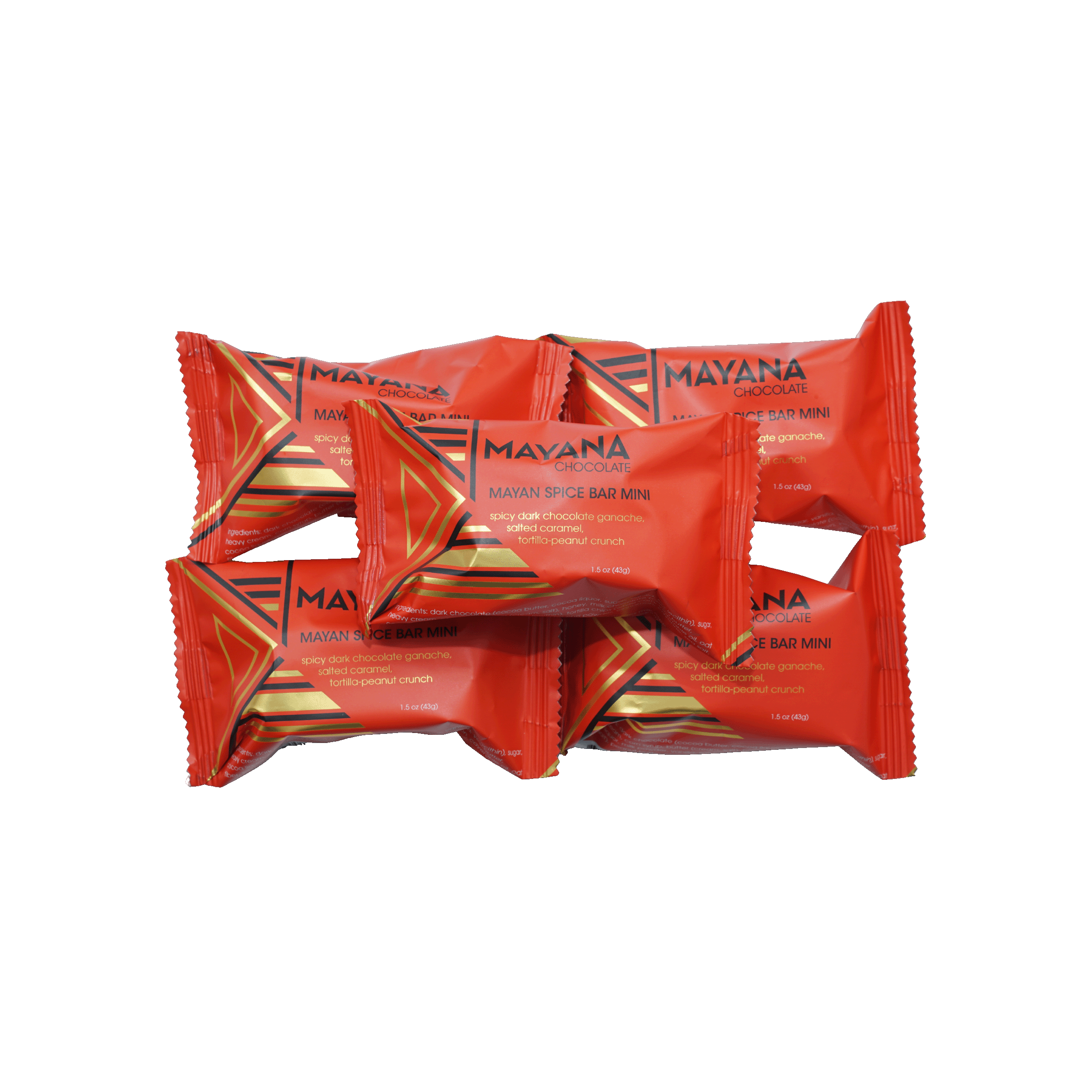Bright red foil Mayana chocolate mini Mayan spice bars with gold accents