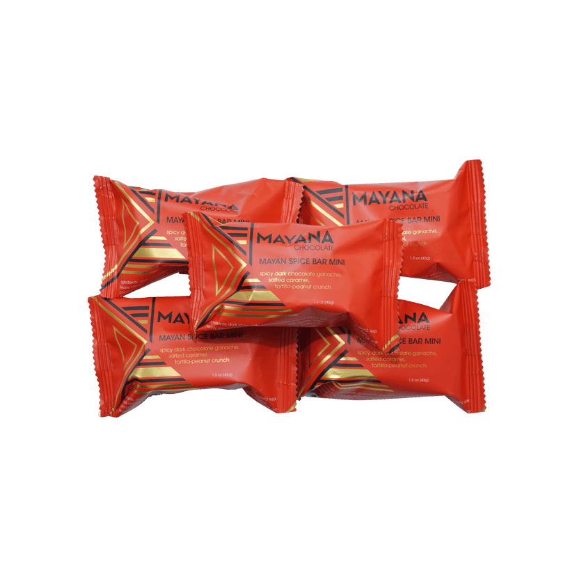 Bright red foil Mayana chocolate mini Mayan spice bars with gold accents