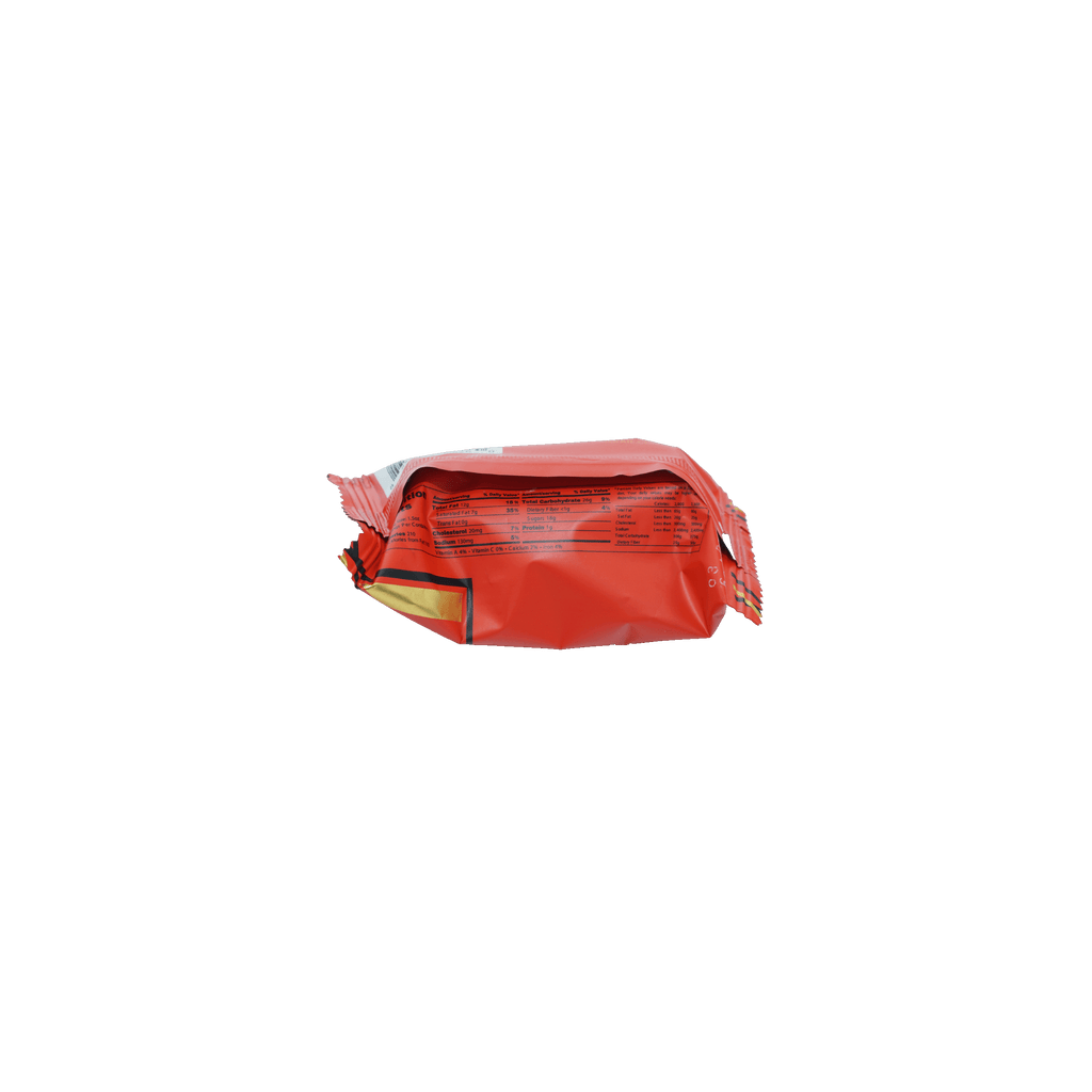 Back of Mayana Chocolate Mini Mayan Spice Bar with crinkled red plastic package, yellow zipper pull and nutritional info