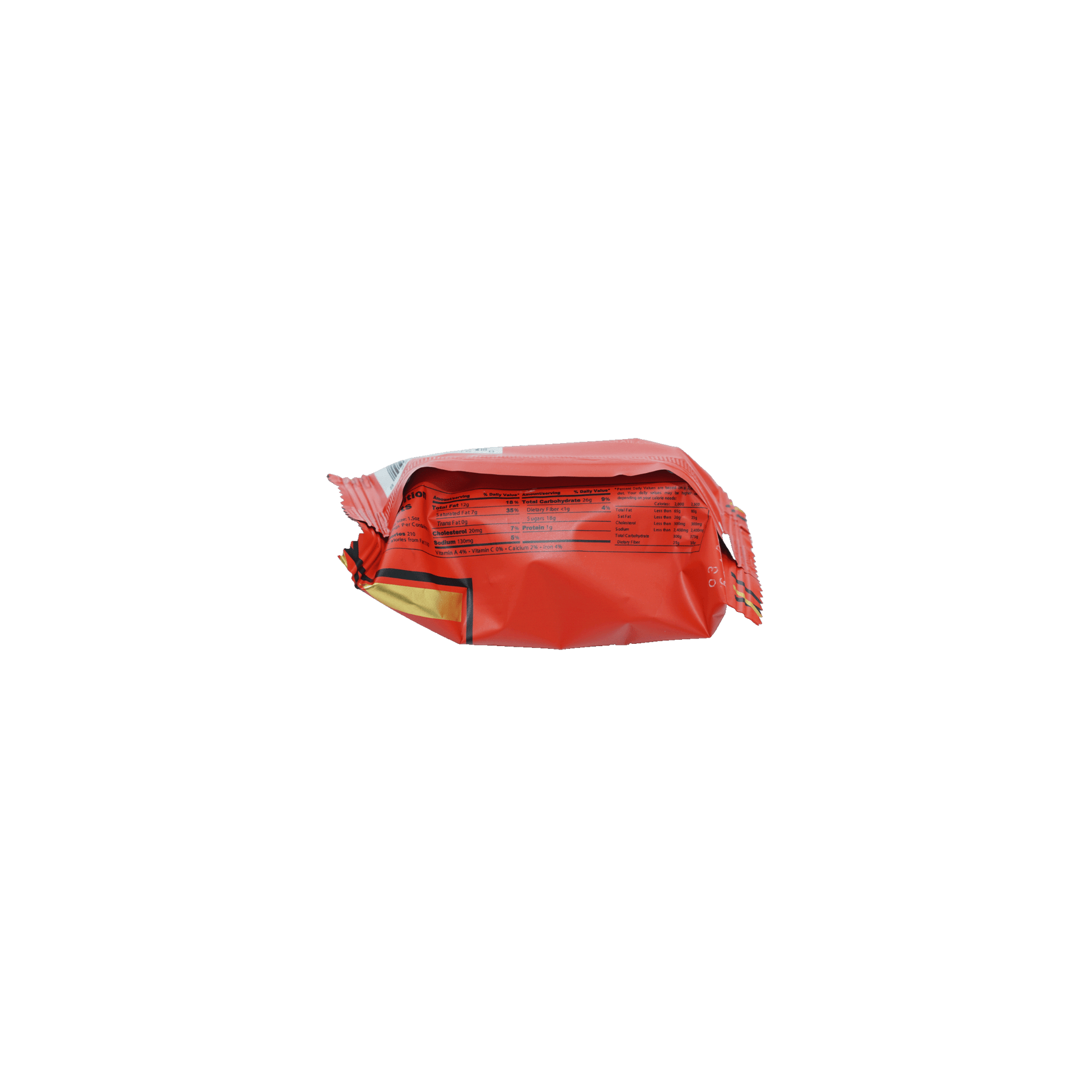 Back of Mayana Chocolate Mini Mayan Spice Bar with crinkled red plastic package, yellow zipper pull and nutritional info