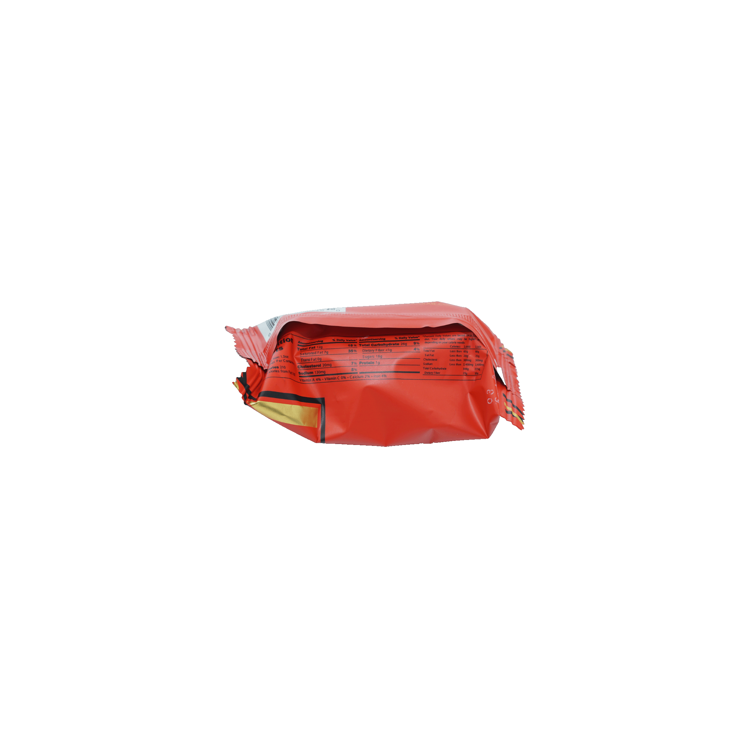Back of Mayana Chocolate Mini Mayan Spice Bar with crinkled red plastic package, yellow zipper pull and nutritional info