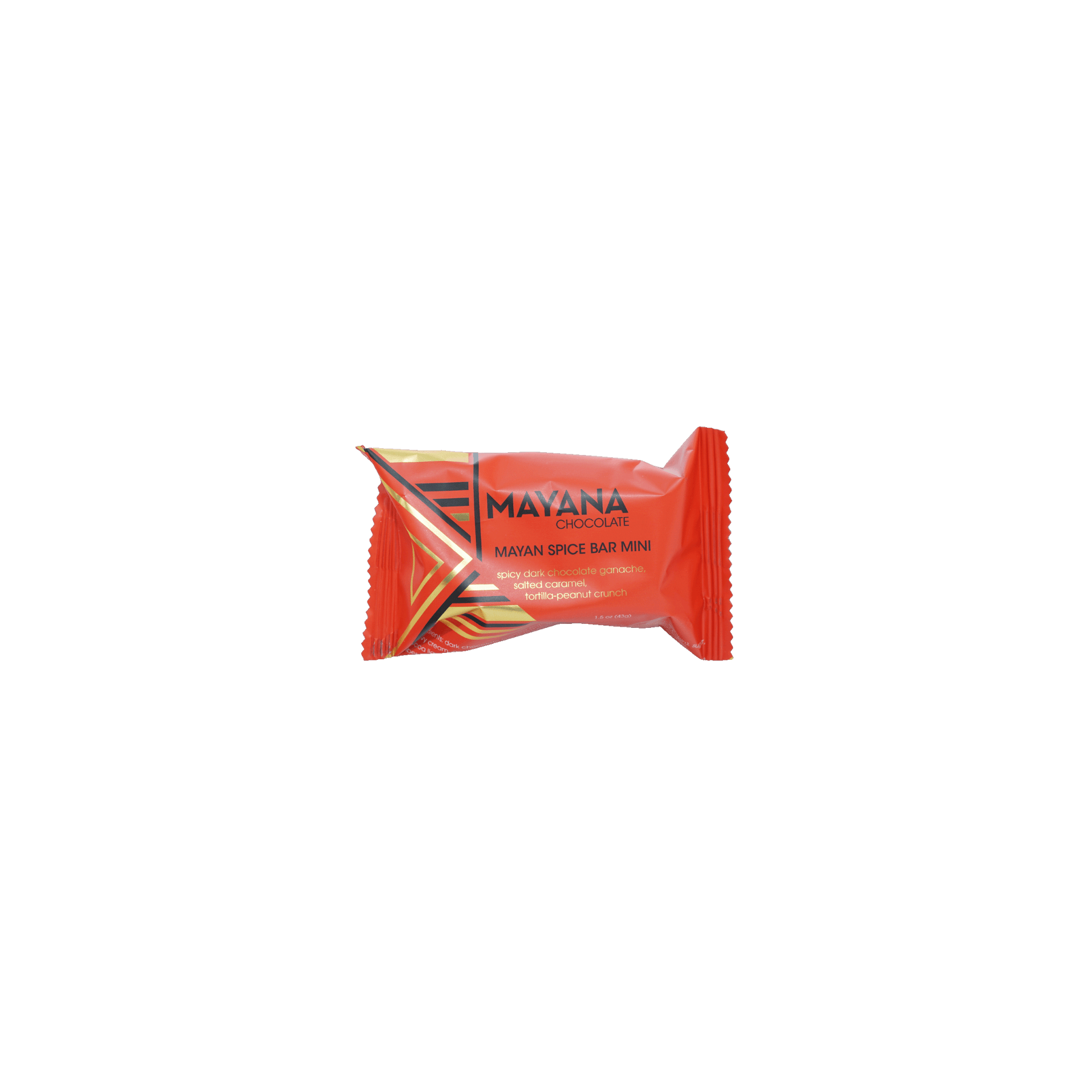 Vibrant red Mayana Chocolate Mini Mayan Spice Bar with bold black gold accents