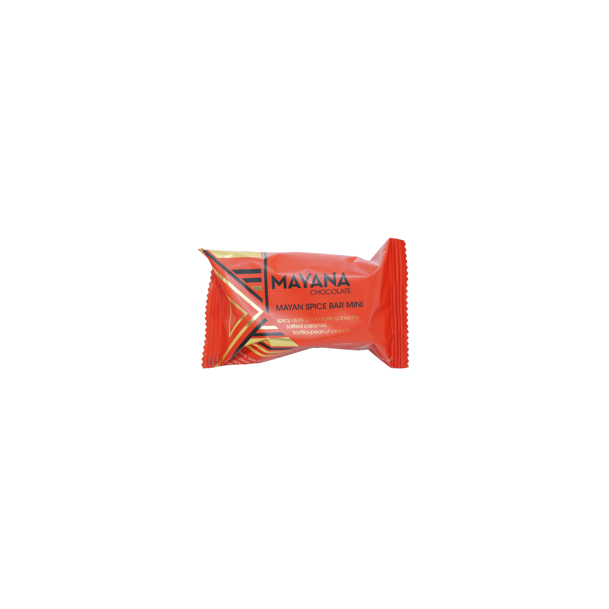 Vibrant red Mayana Chocolate Mini Mayan Spice Bar with bold black gold accents