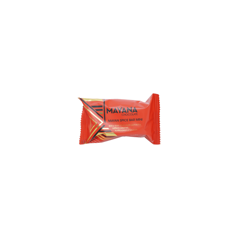 Vibrant red Mayana Chocolate Mini Mayan Spice Bar with bold black gold accents