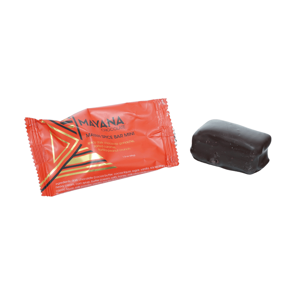 Vibrant orange-wrapped Mayana Chocolate Mini Mayan Spice Bar with glossy dark coating