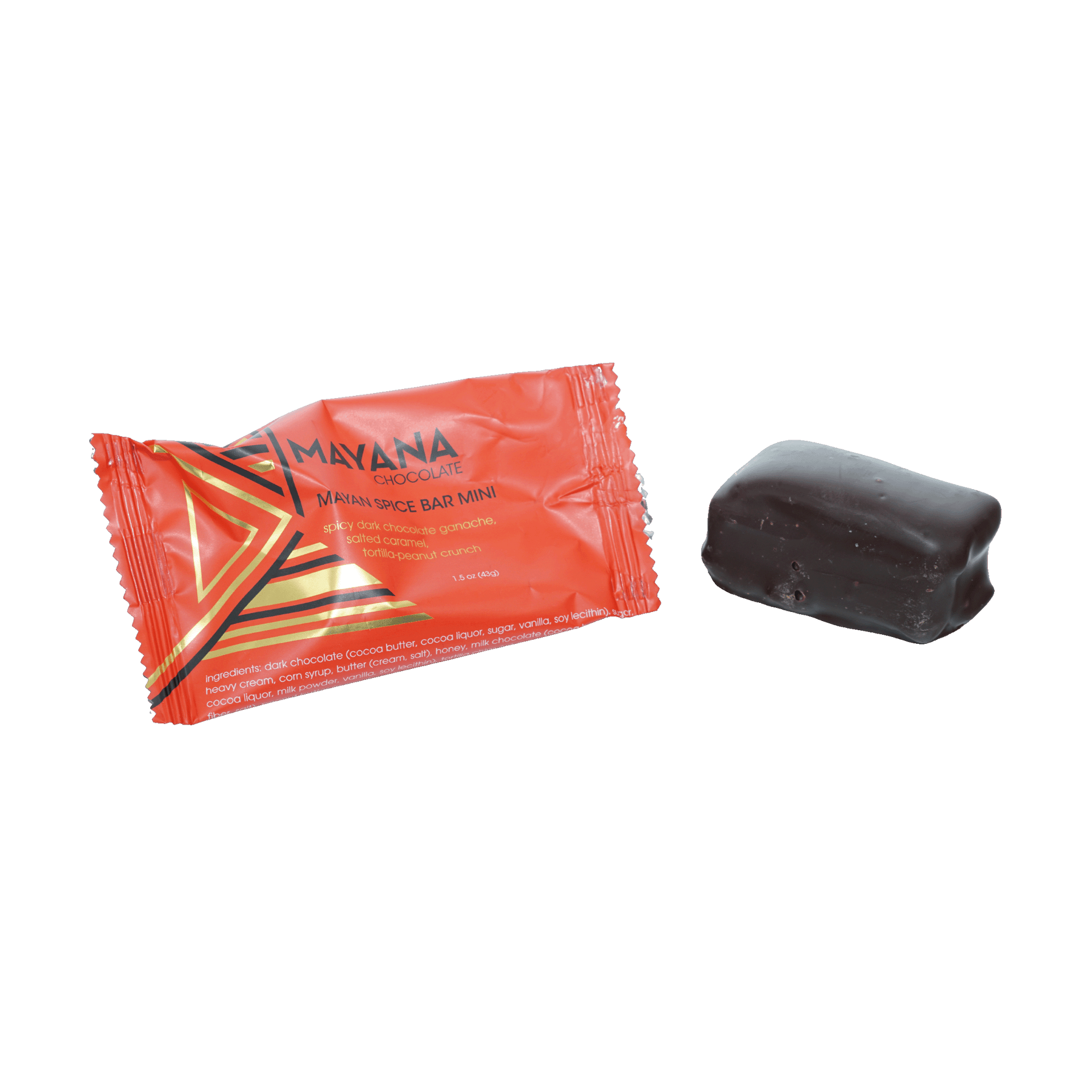 Vibrant orange-wrapped Mayana Chocolate Mini Mayan Spice Bar with glossy dark coating