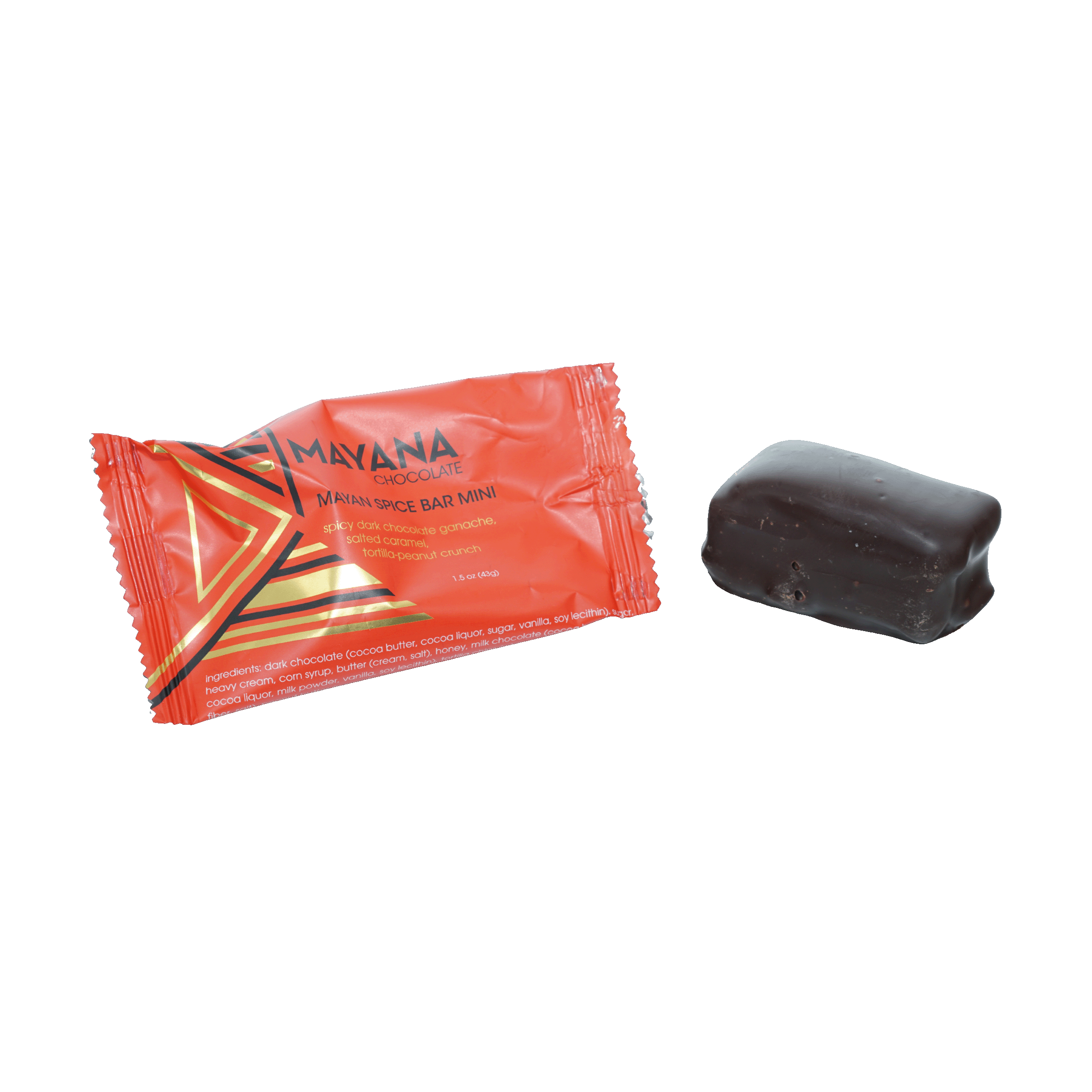 Vibrant orange-wrapped Mayana Chocolate Mini Mayan Spice Bar with glossy dark coating