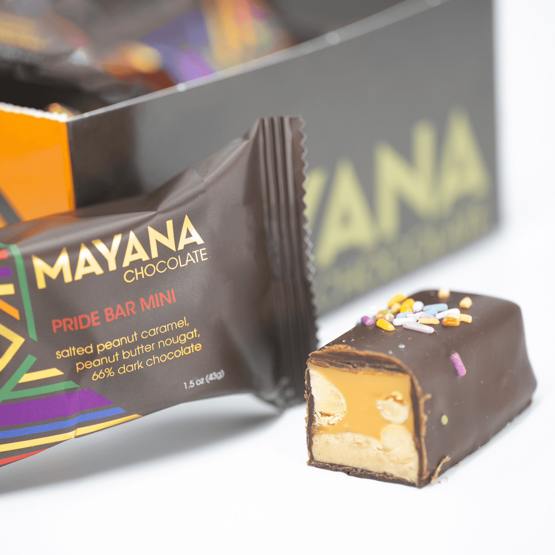 Mayana Chocolate Mini Pride Bar with peanut caramel, PB nougat, sprinkles