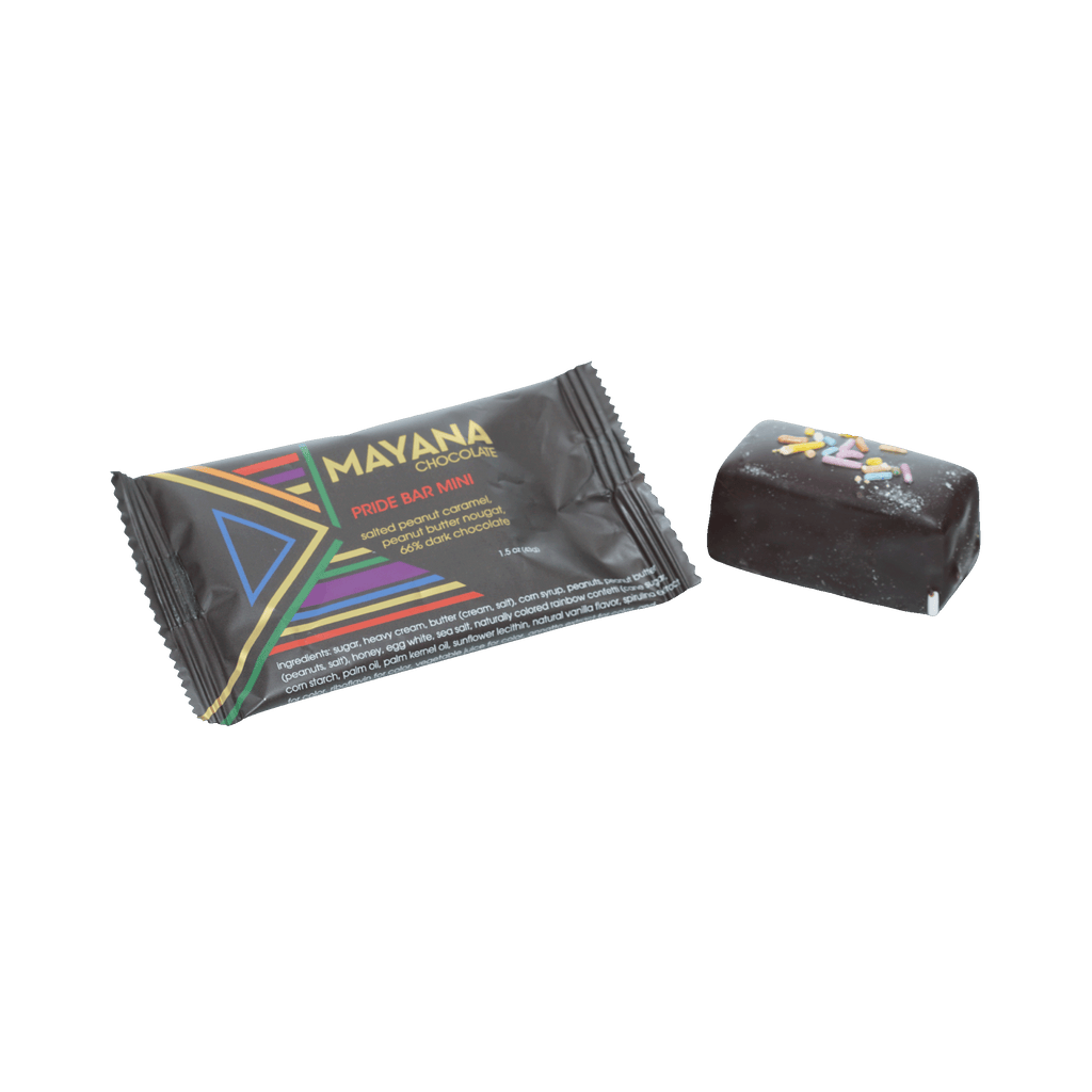 Mayana Chocolate Mini Pride Bar with rainbow sprinkles and stripes
