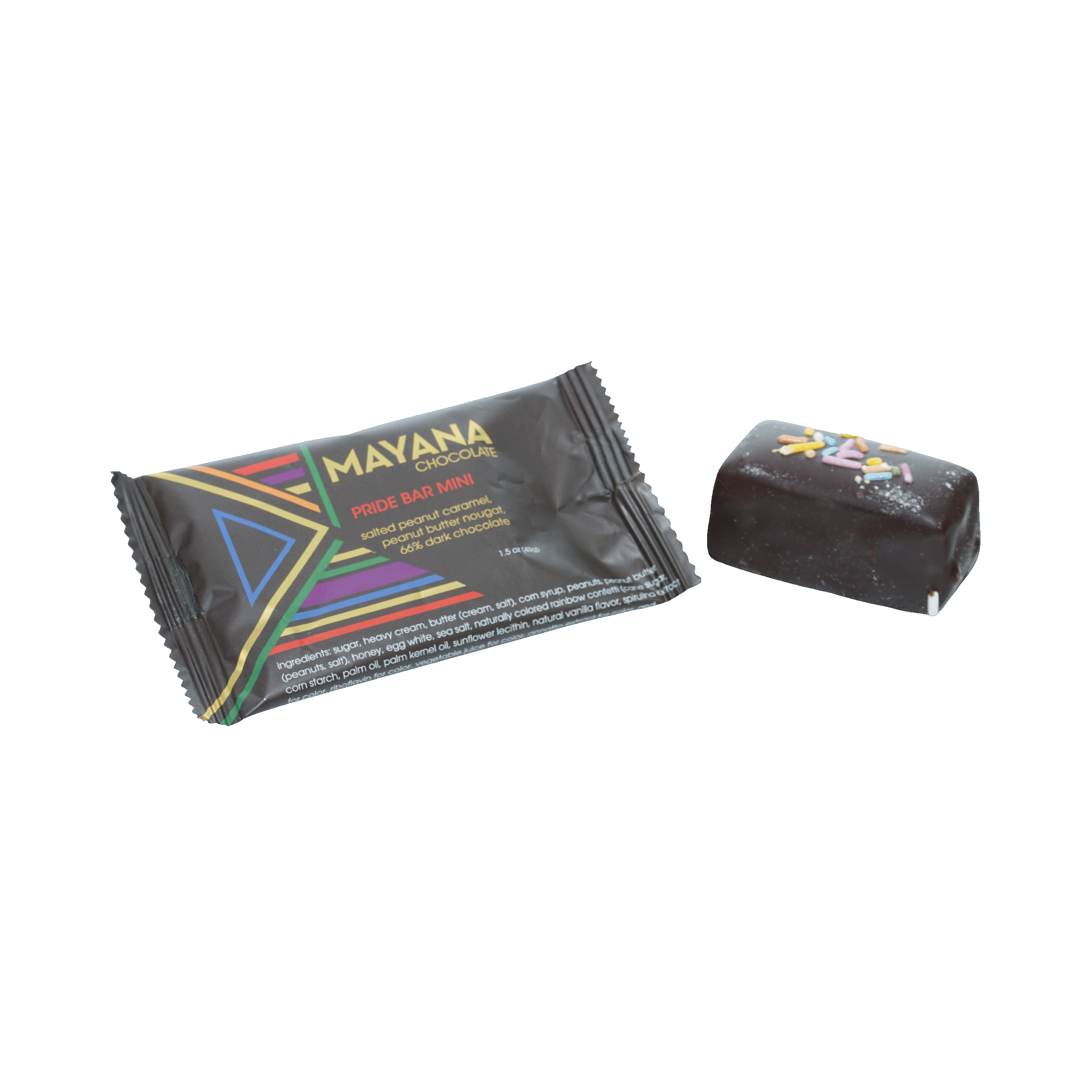 Mayana Chocolate Mini Pride Bar with rainbow sprinkles and stripes